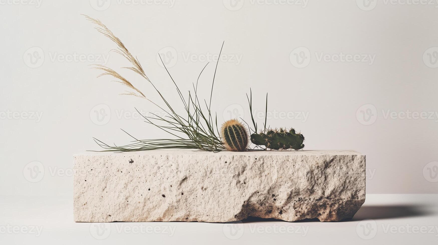 Natural arrangement of succulents and grasses on a stone surface showcasing minimalist design aesthetics photo