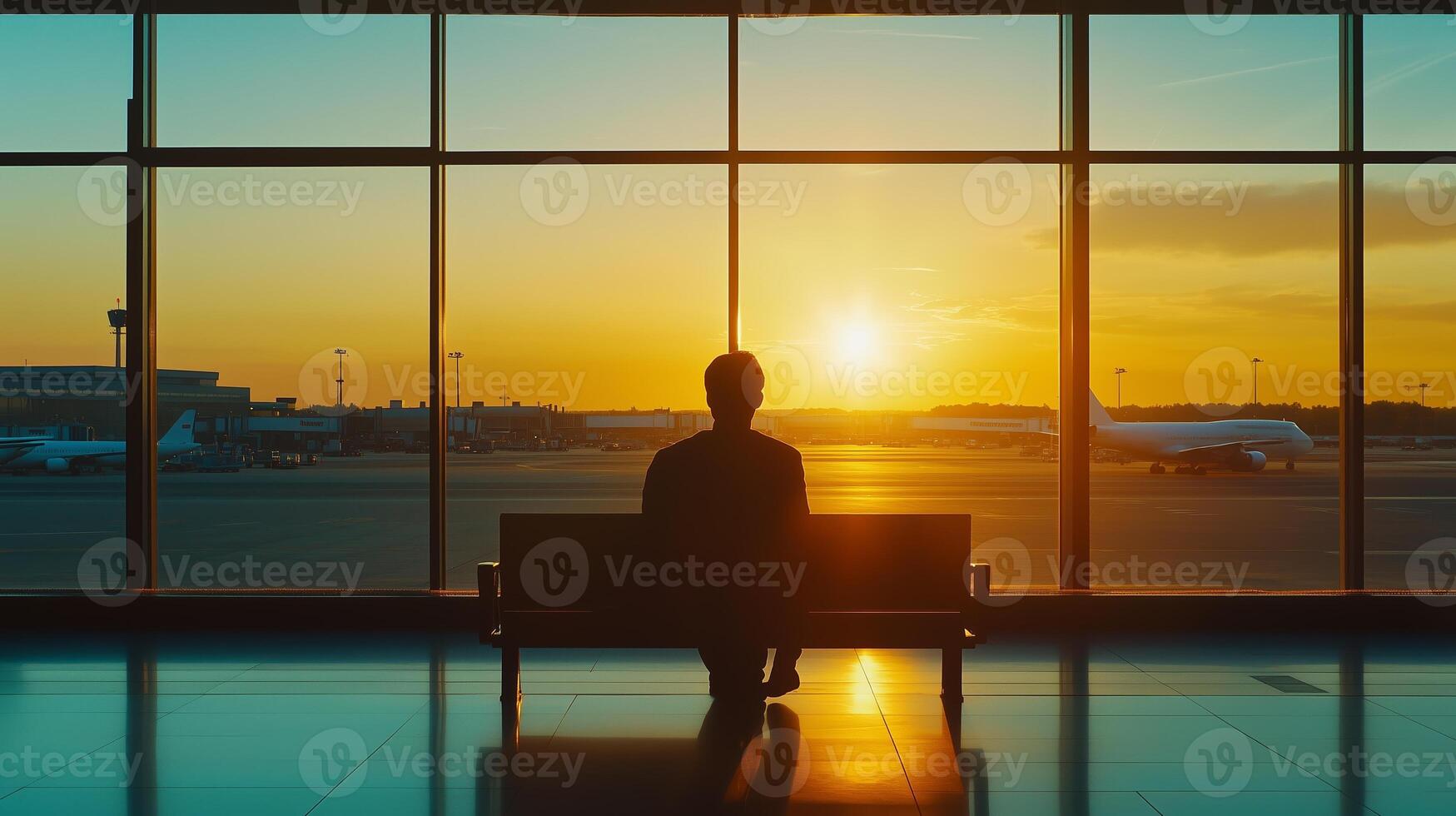 A traveler awaits the sunset at the airport, reflecting on journeys past and future, as planes prepare for departure photo