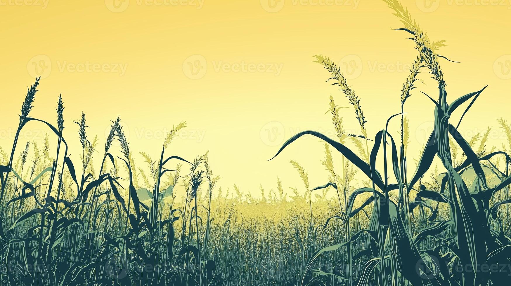 Golden cornfield at sunrise with tall stalks swaying gently in the breeze under a warm yellow sky photo