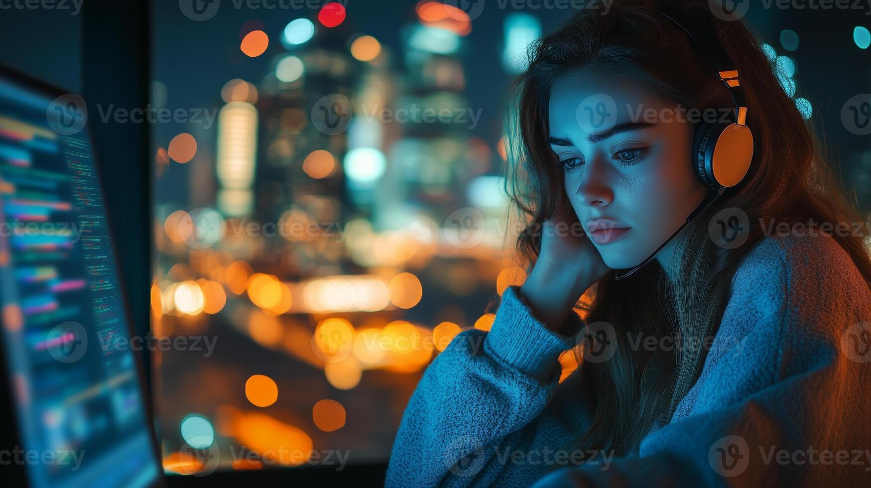 A young woman focused on coding at night with city lights shimmering in the background photo