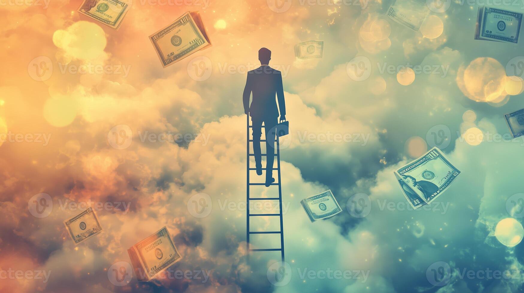 A businessman climbs a ladder toward the clouds while dollar bills float in a dreamlike sky, symbolizing ambition and financial aspirations photo