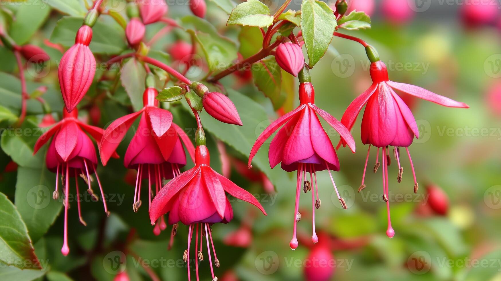 Beautiful fuchsia flowers blooming in a lush garden during late spring, showcasing vibrant colors and delicate petals photo