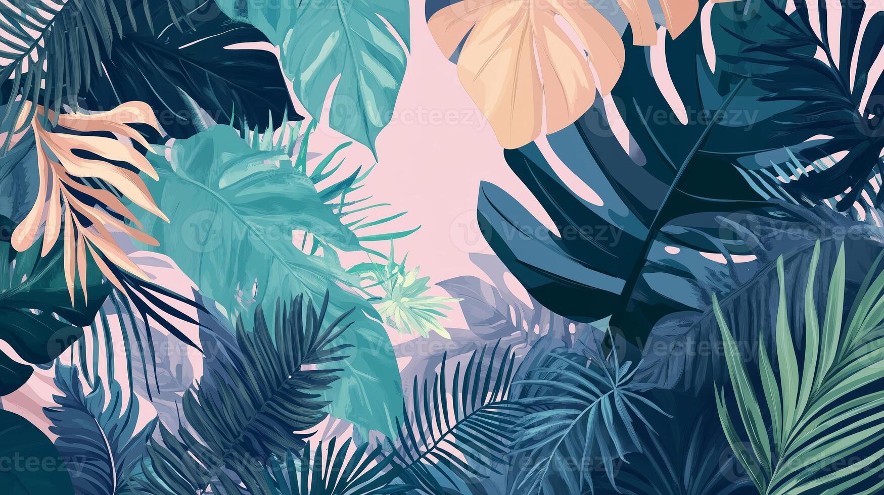 Colorful tropical leaves arranged in a dense pattern creating a vibrant backdrop for a summer-themed design photo
