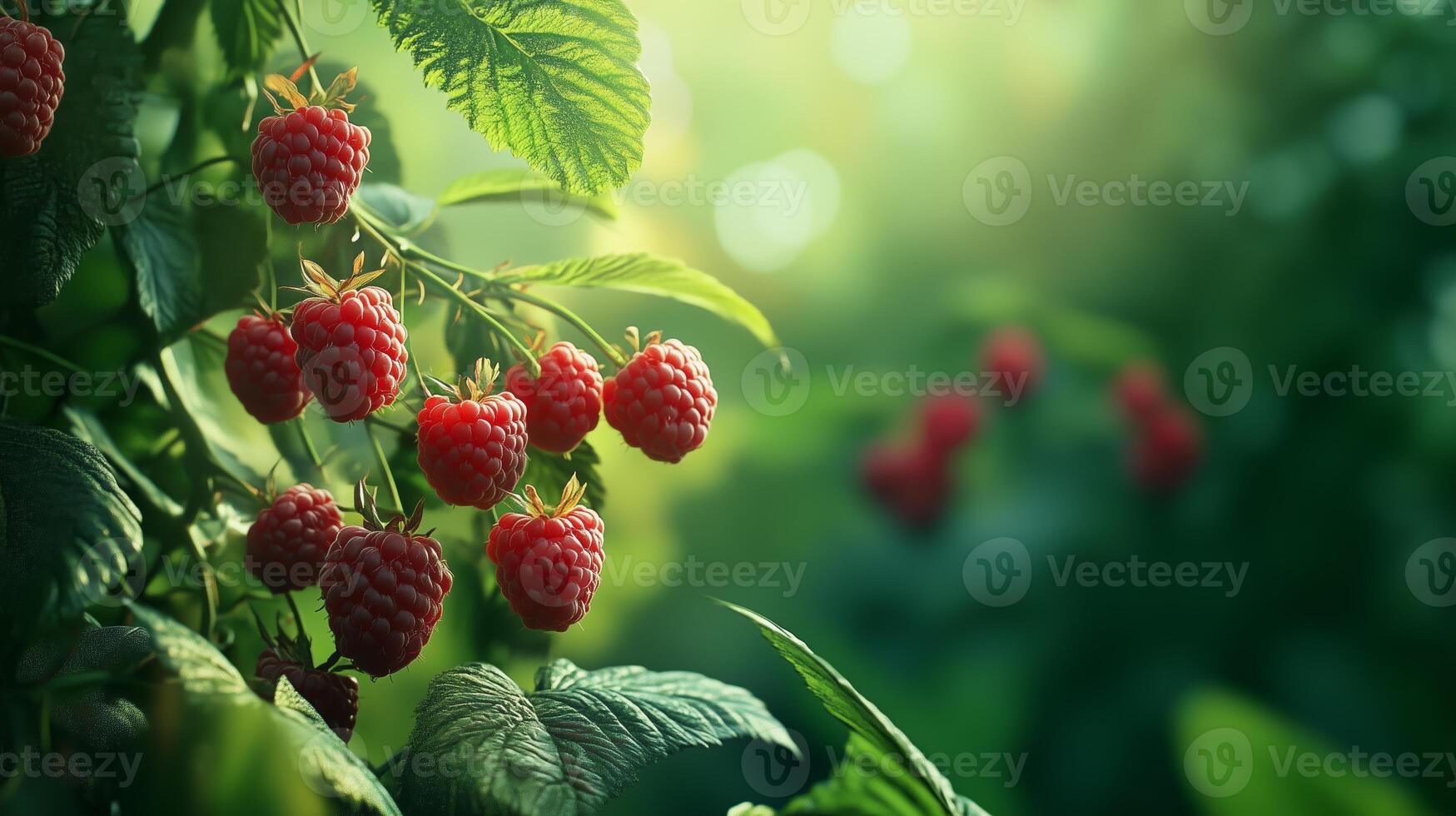 Ripe red raspberries hanging from lush green branches in a sunlit garden during late summer photo