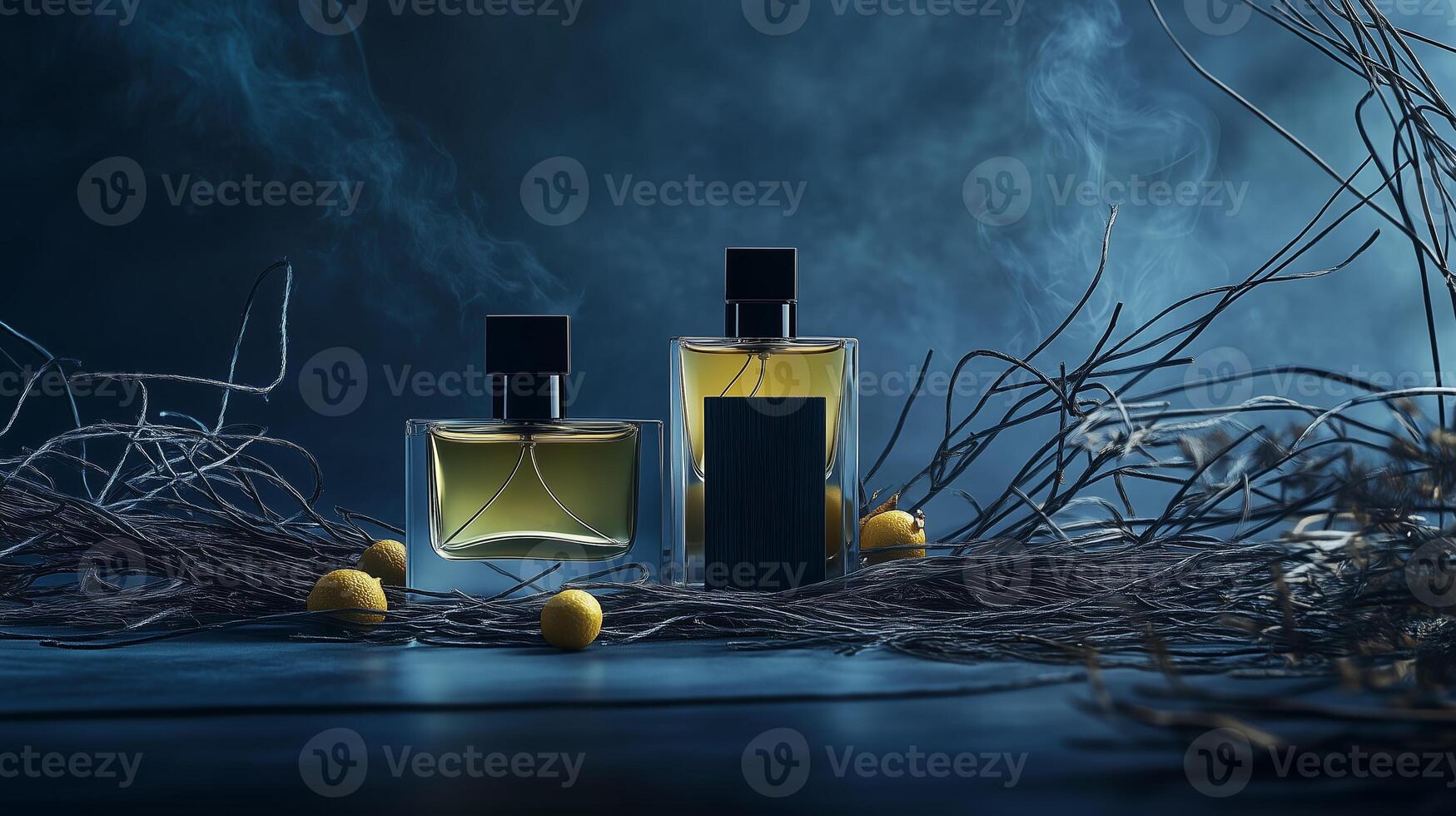 Elegant perfume bottles displayed artistically among branches and yellow accents in a dark, misty setting photo