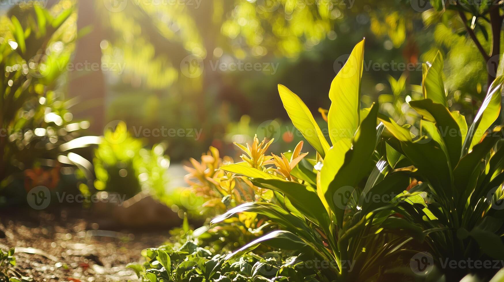 Morning sunlight illuminates lush greenery in a serene garden, highlighting vibrant leaves and plants in full bloom photo