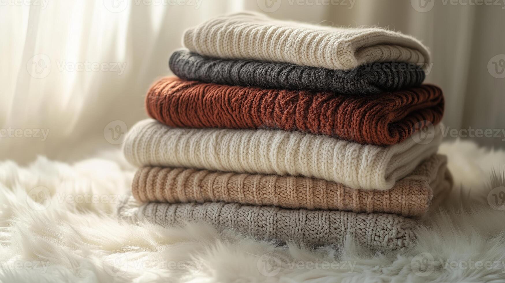 Warmly folded sweaters stacked neatly on a soft surface in a cozy indoor setting, capturing a tranquil moment in autumn photo