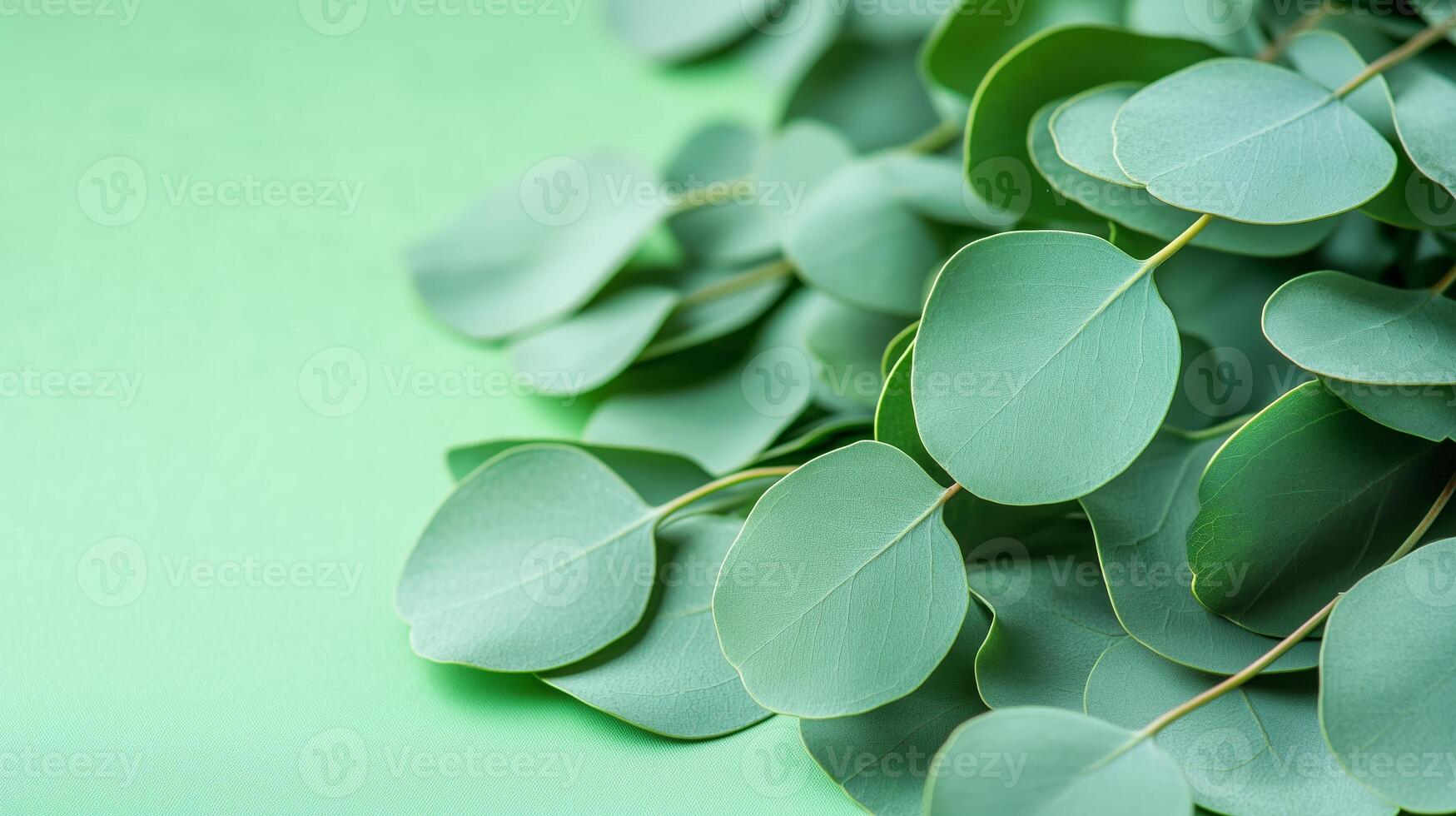 Fresh eucalyptus leaves arranged on a soft green surface with natural lighting highlighting their texture and color nuances photo
