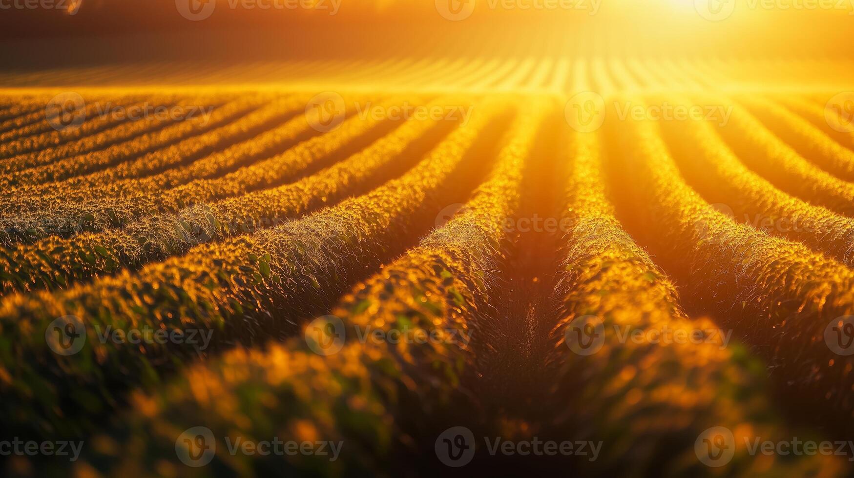 Golden sunlight bathes a vast field of crops at sunrise, creating patterns of light and shadow in nature's tranquil morning setting photo
