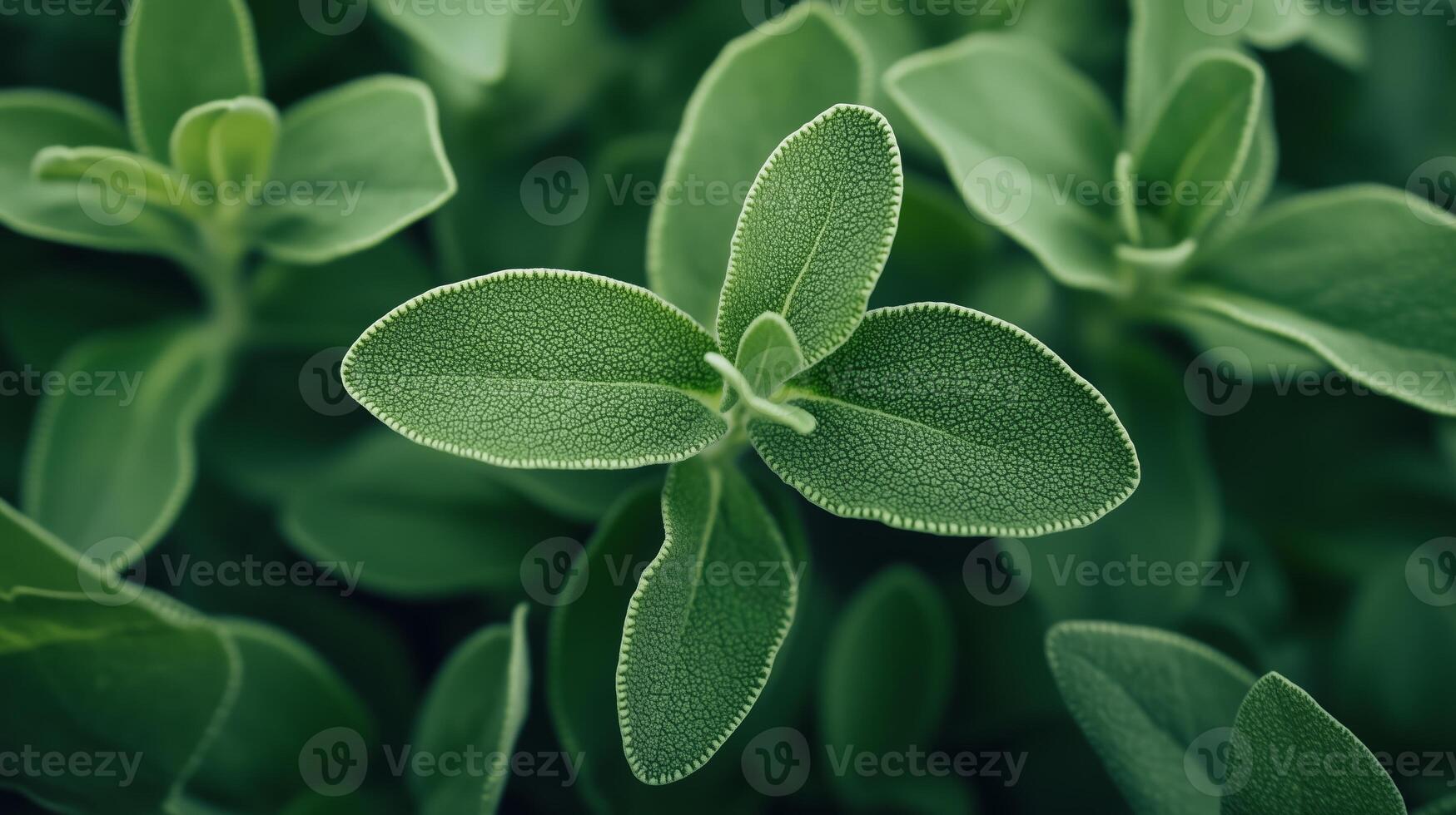 Fresh green herb leaves growing abundantly in a garden during late spring, showcasing rich textures and vibrant colors photo