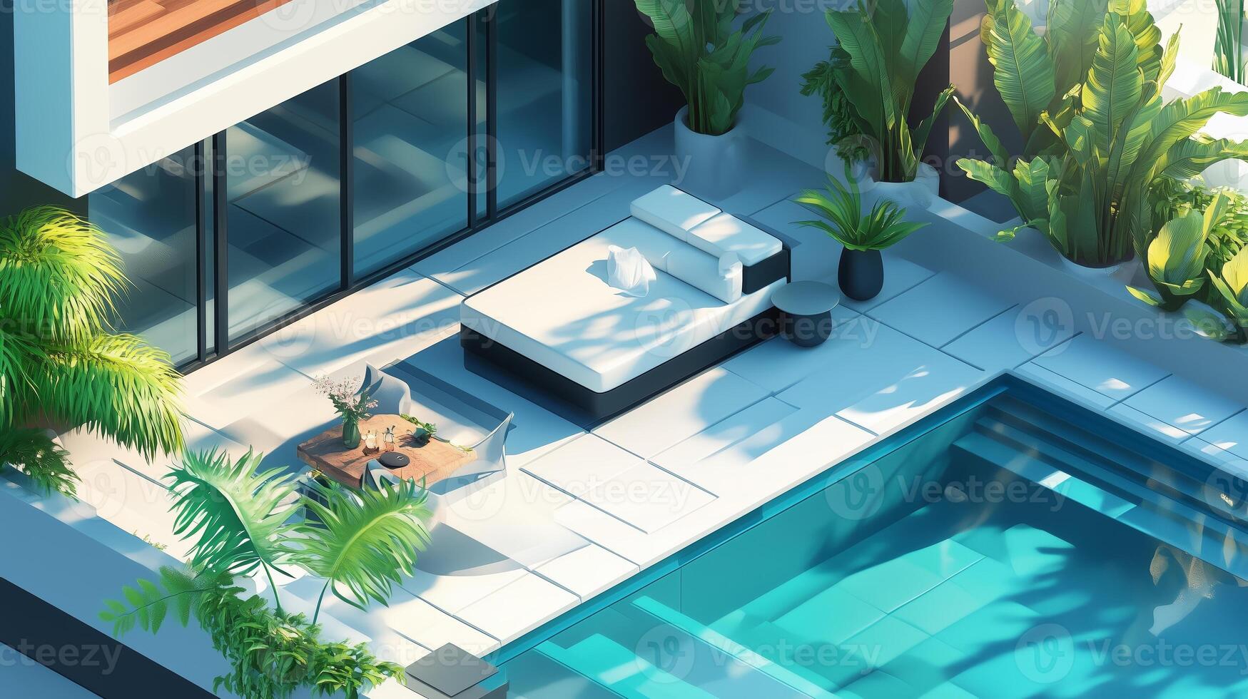 Relaxing outdoor lounge area with modern furniture beside a pool surrounded by tropical plants in a sunny setting photo