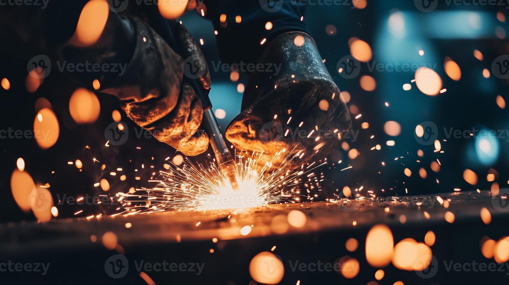 Craftsman working with a grinder sparks flying in a dimly lit workshop focusing on metal fabrication techniques photo