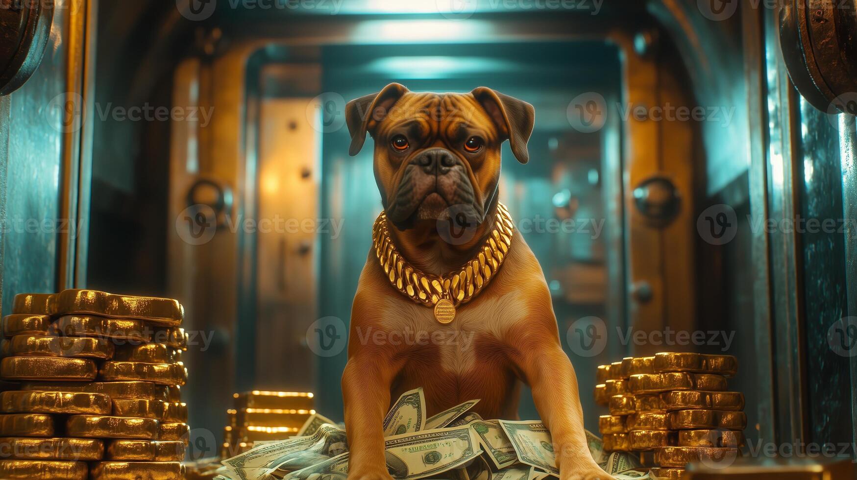 A confident dog adorned with a gold chain sits atop a pile of cash and gold in a vault, illuminated by soft, dramatic lighting photo