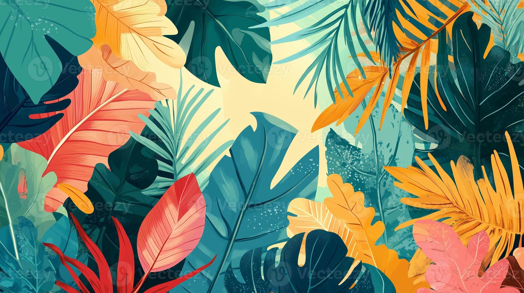 Colorful tropical leaves create a vibrant natural backdrop in a sunny environment with diverse foliage patterns and textures photo