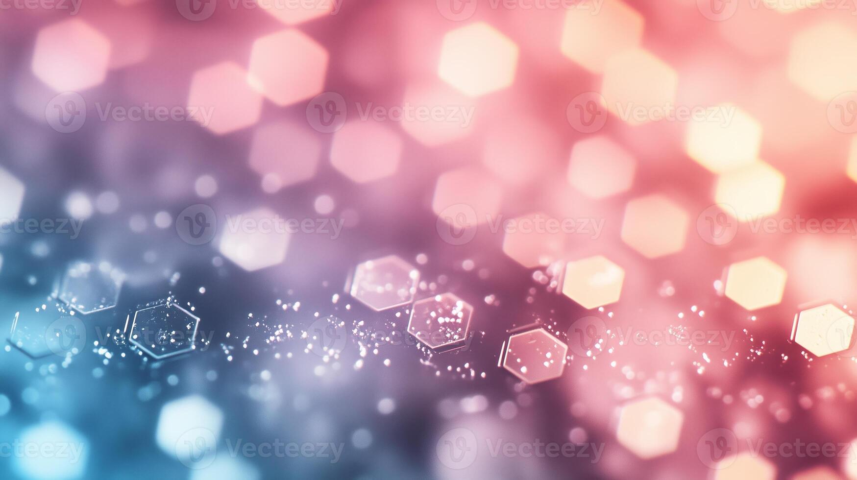 Colorful hexagonal patterns and sparkling lights create an abstract background with soft gradients in red, blue, and purple tones photo