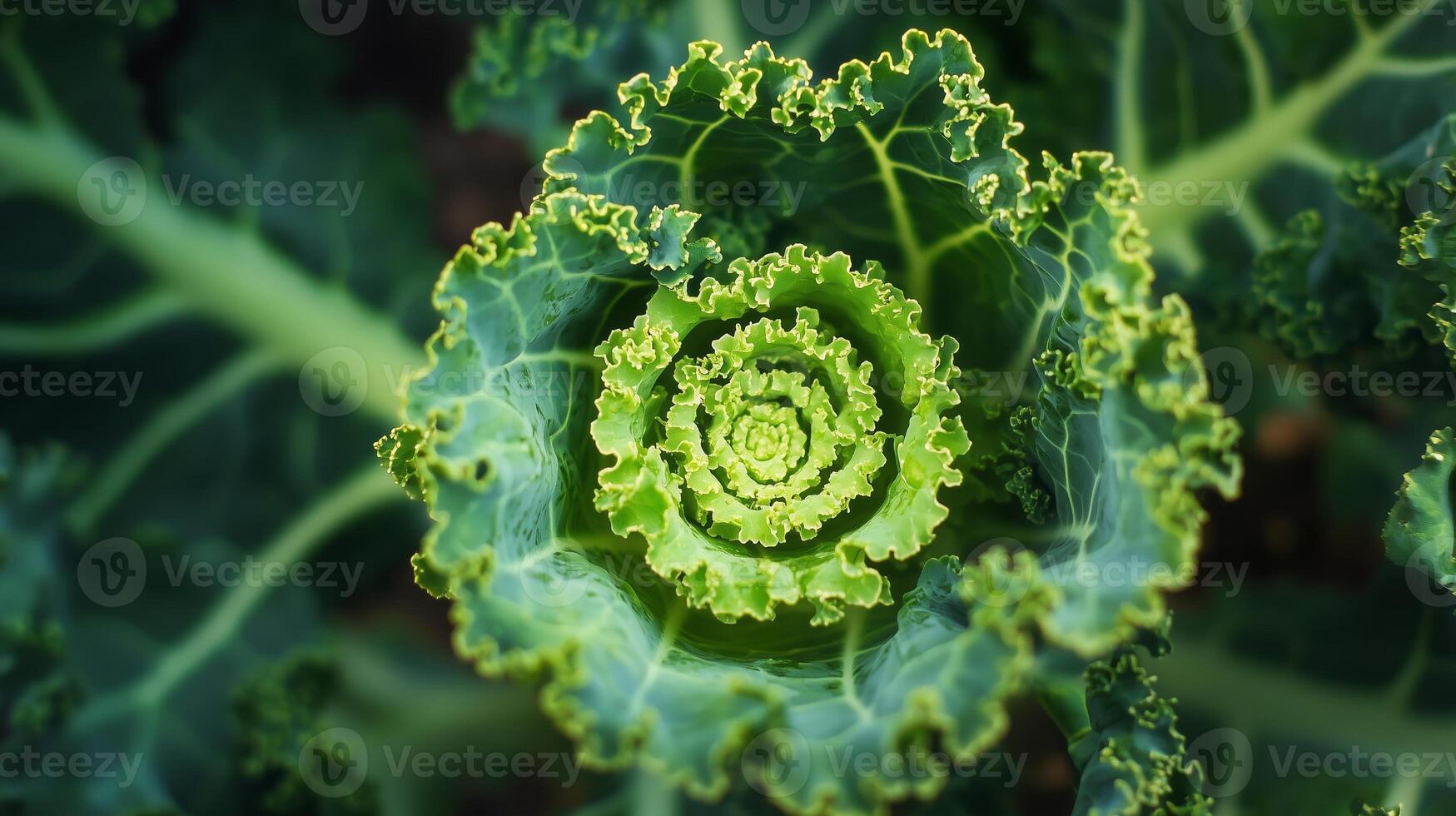 Close-up of a spiral kale plant showcasing intricate green leaves growing in a garden on a sunny day photo