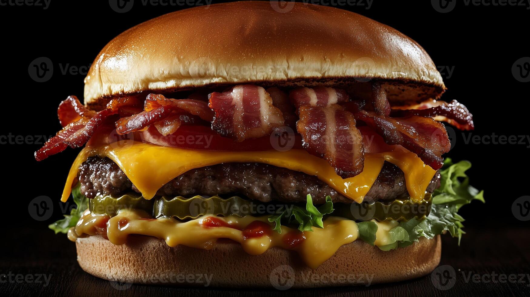 A delicious cheeseburger topped with crispy bacon and served with fresh vegetables on a wooden surface photo