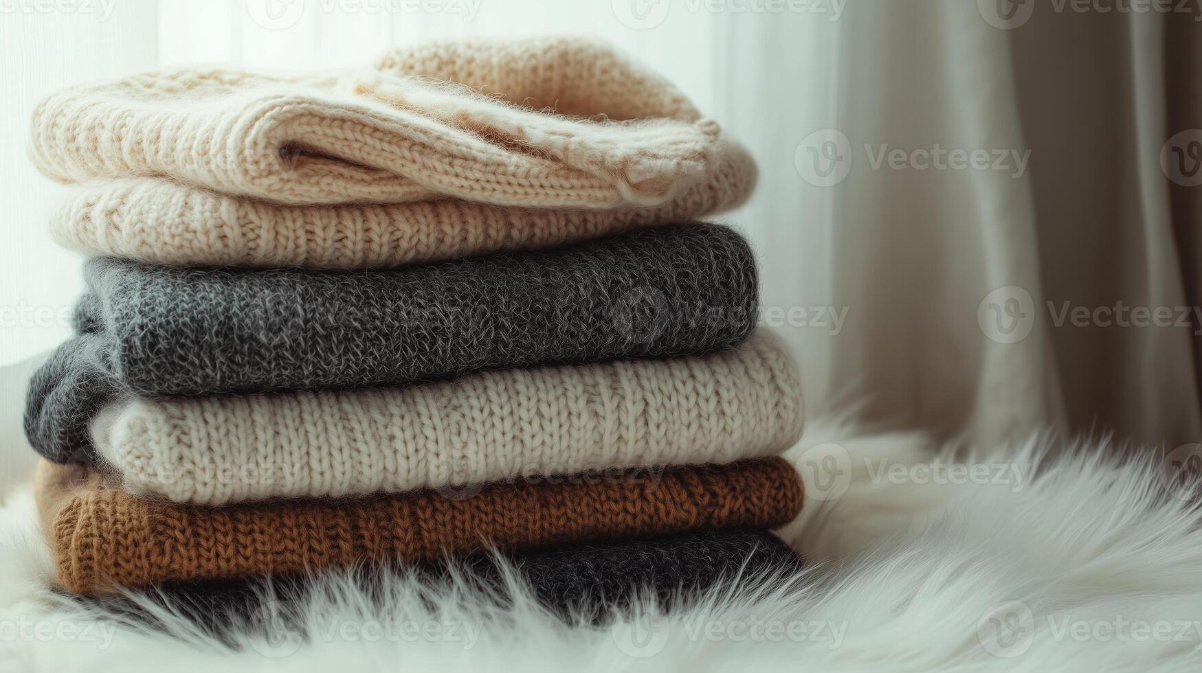 A cozy stack of folded sweaters resting on soft faux fur against a window, creating a warm atmosphere during a chilly afternoon indoors photo