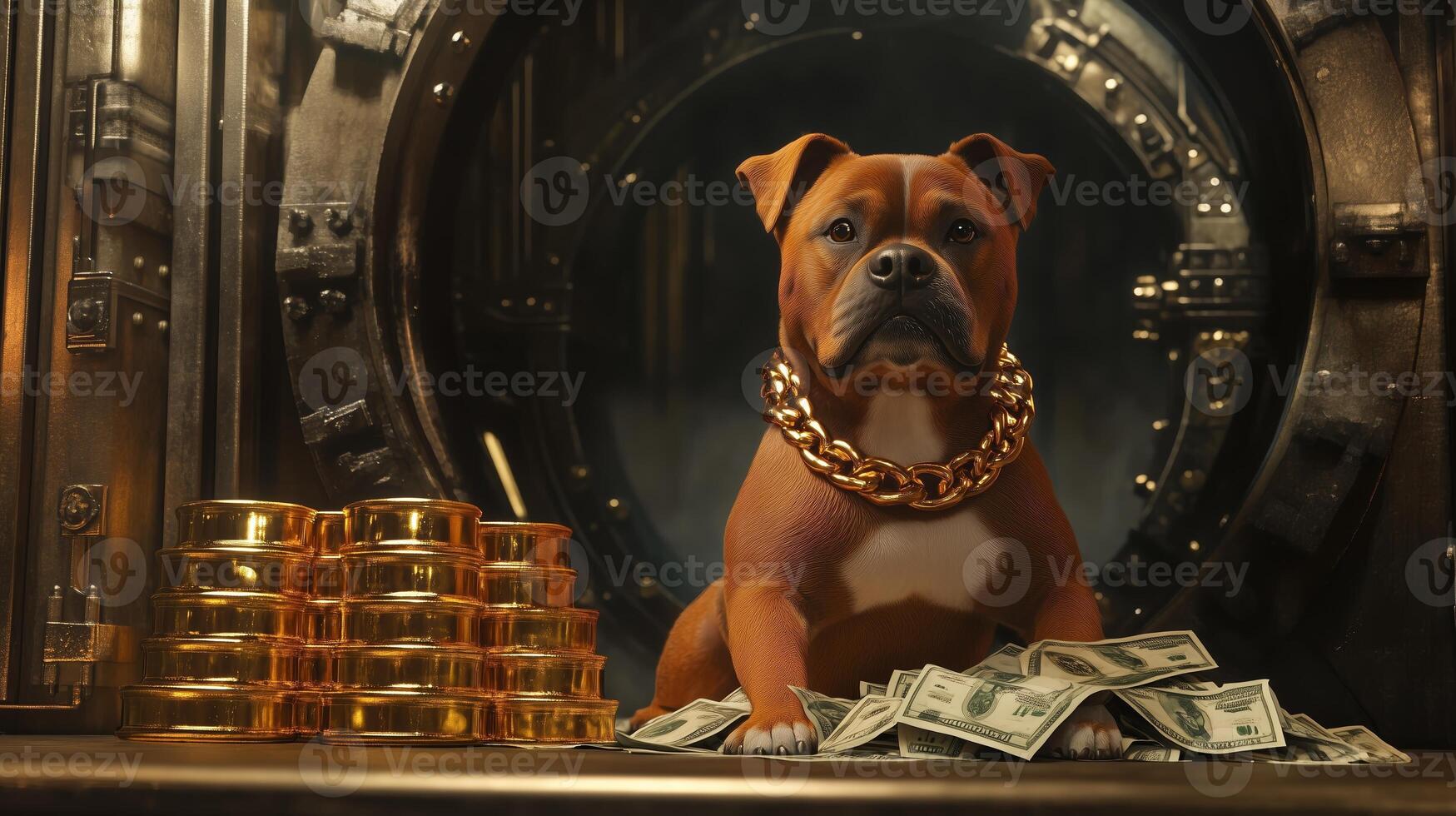 A confident dog in a gold chain guards stacks of cash near a vault door in a stylish, animated setting photo