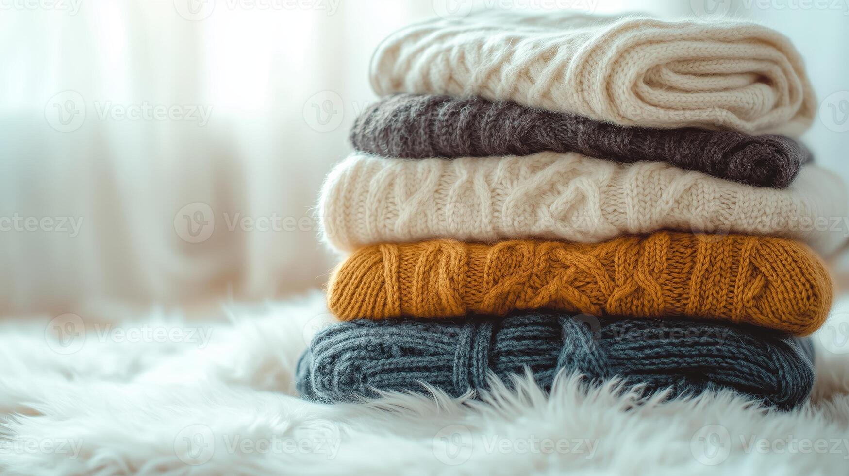 Cozy knitted sweaters neatly stacked on a soft rug near a window in a warm and inviting indoor space photo