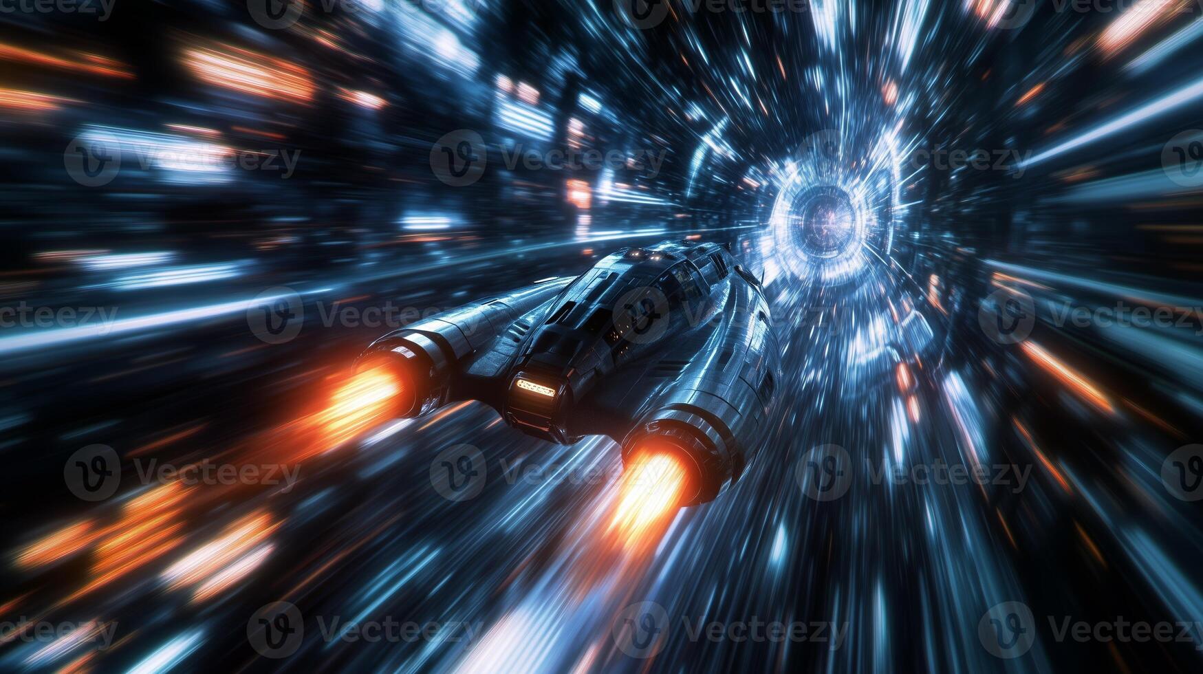 A futuristic spacecraft travels through a colorful wormhole, enhancing the imagination of interstellar travel during deep space exploration photo