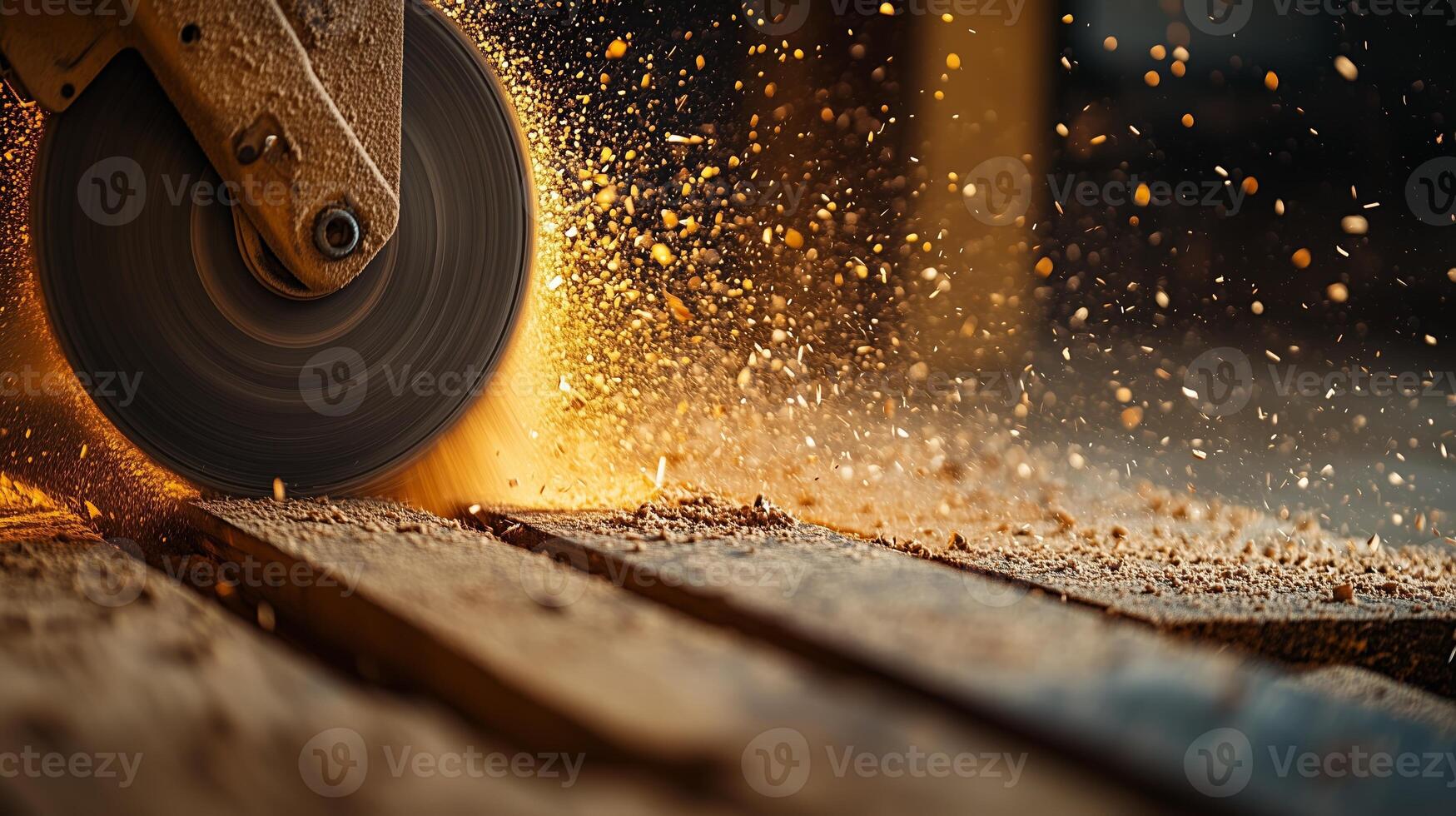 Woodworking in progress with a circular saw creating sparks and sawdust in a workshop setting during the evening photo