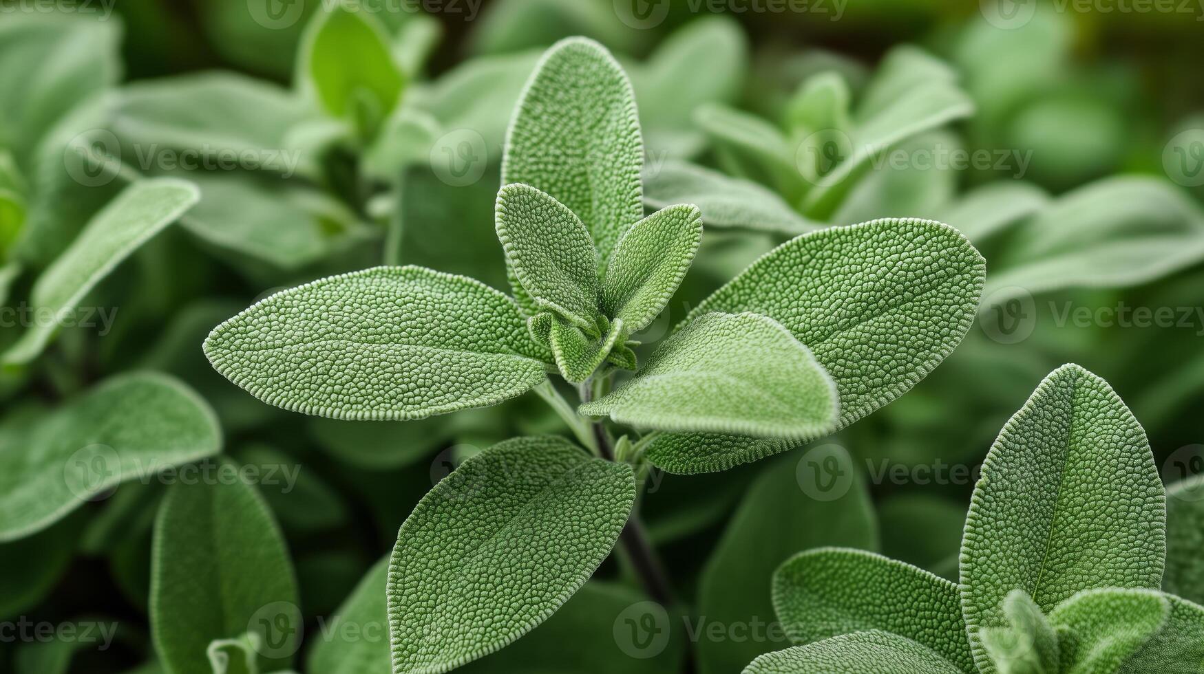 Fresh green sage leaves growing in a garden during early summer, showcasing their texture and vibrant color for culinary use photo