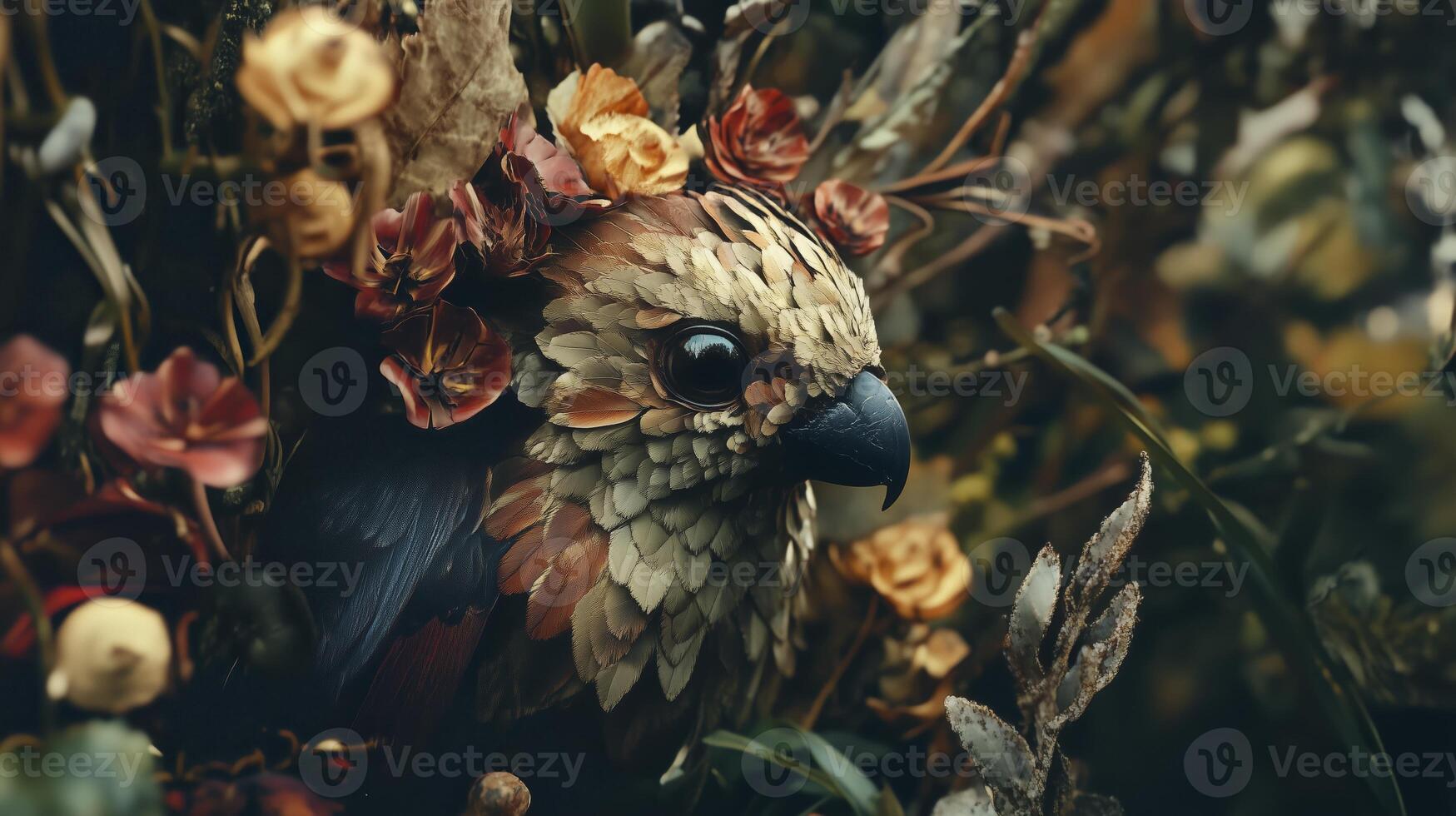 A beautifully crafted bird surrounded by vibrant flowers and foliage in a lush garden setting during daylight hours photo