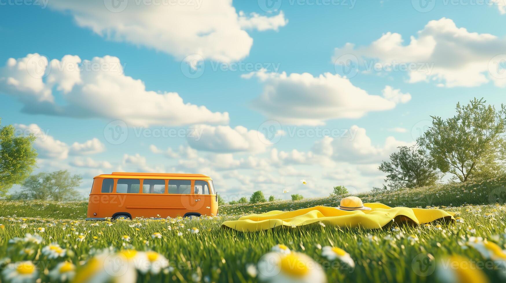 A vibrant orange van parked on a sunny meadow adorned with wildflowers under a bright blue sky filled with fluffy clouds photo