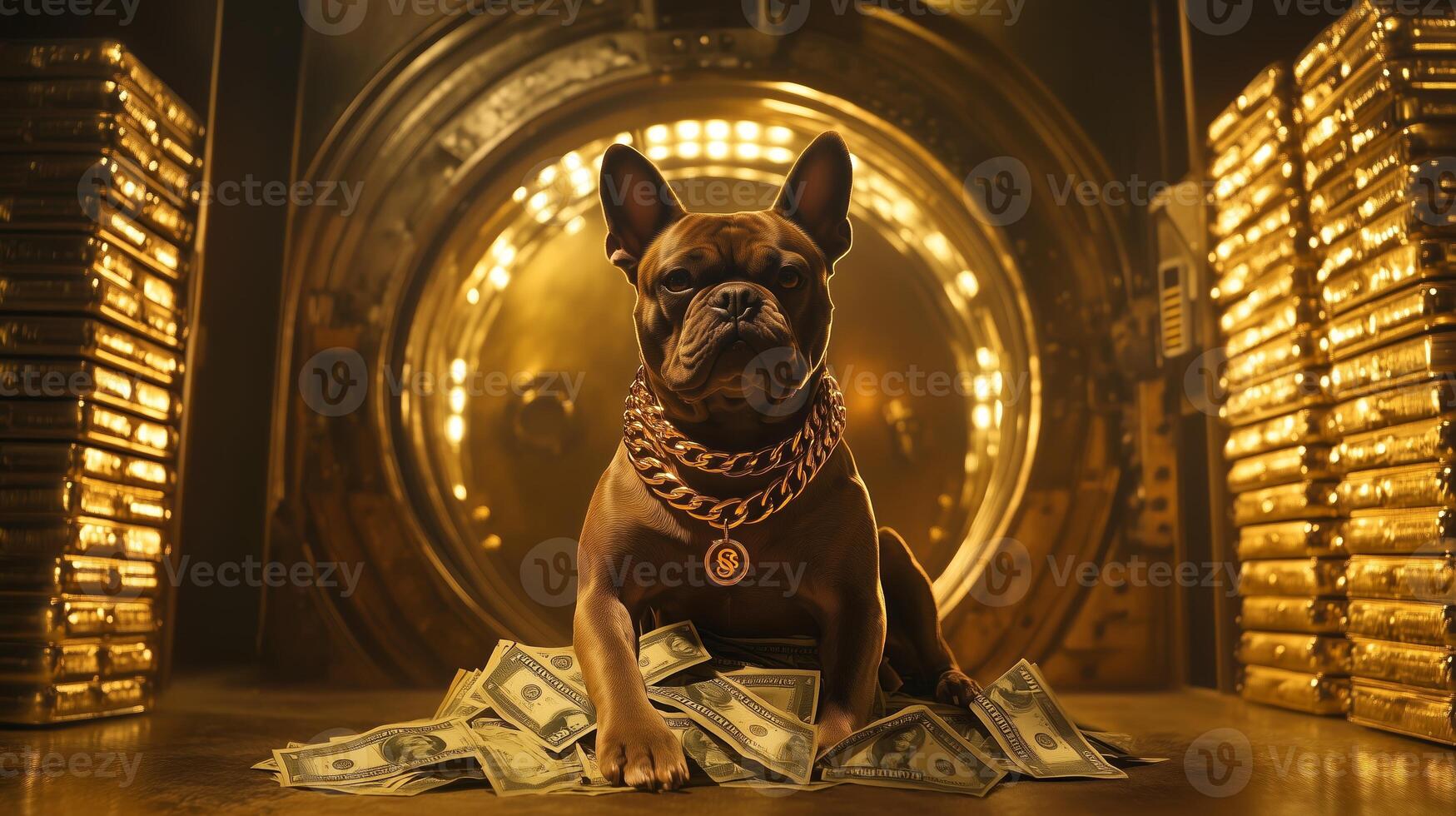 A French Bulldog with a gold chain rests on a pile of cash in front of a vault filled with gold bars at night photo