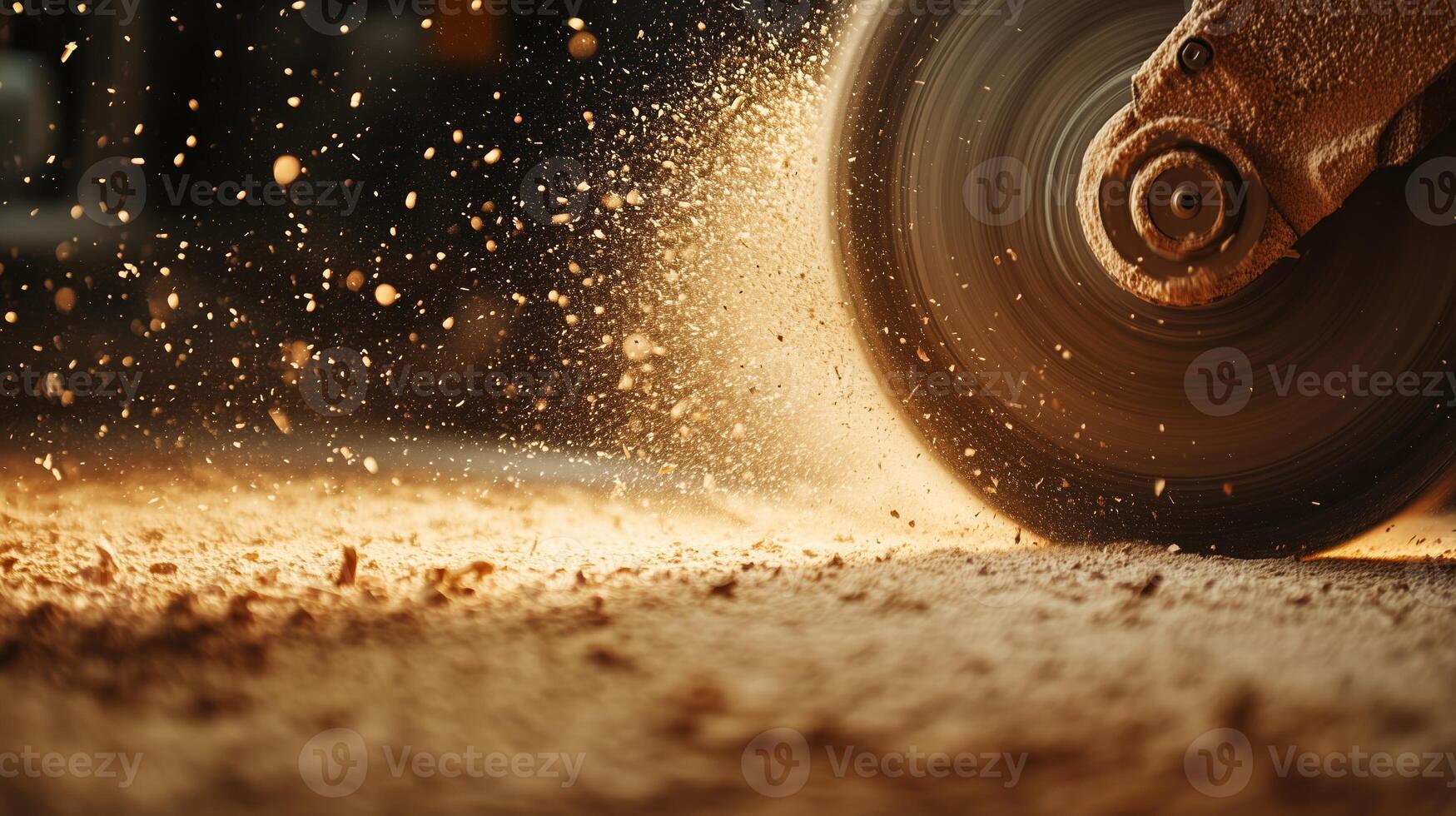 Close-up of a machine cutting wood, creating sawdust in a workshop during daylight hours photo