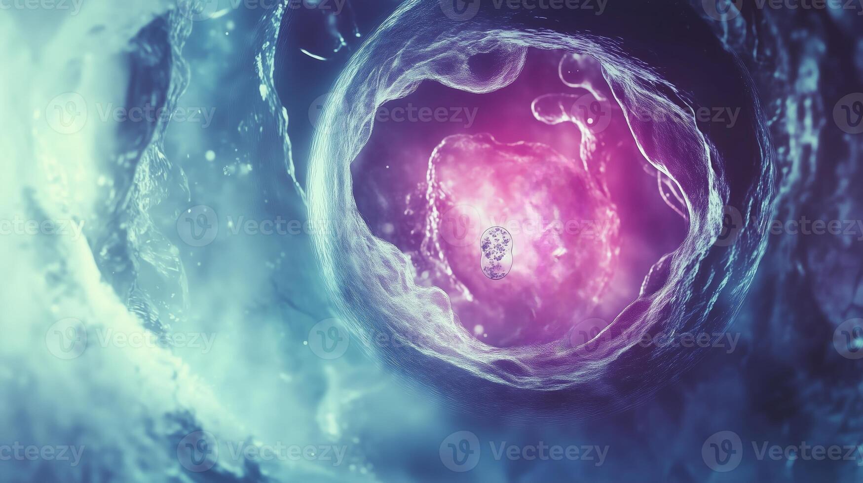 A colorful close-up view of cell division illustrating the intricate process inside a living organism on a microscopic level photo