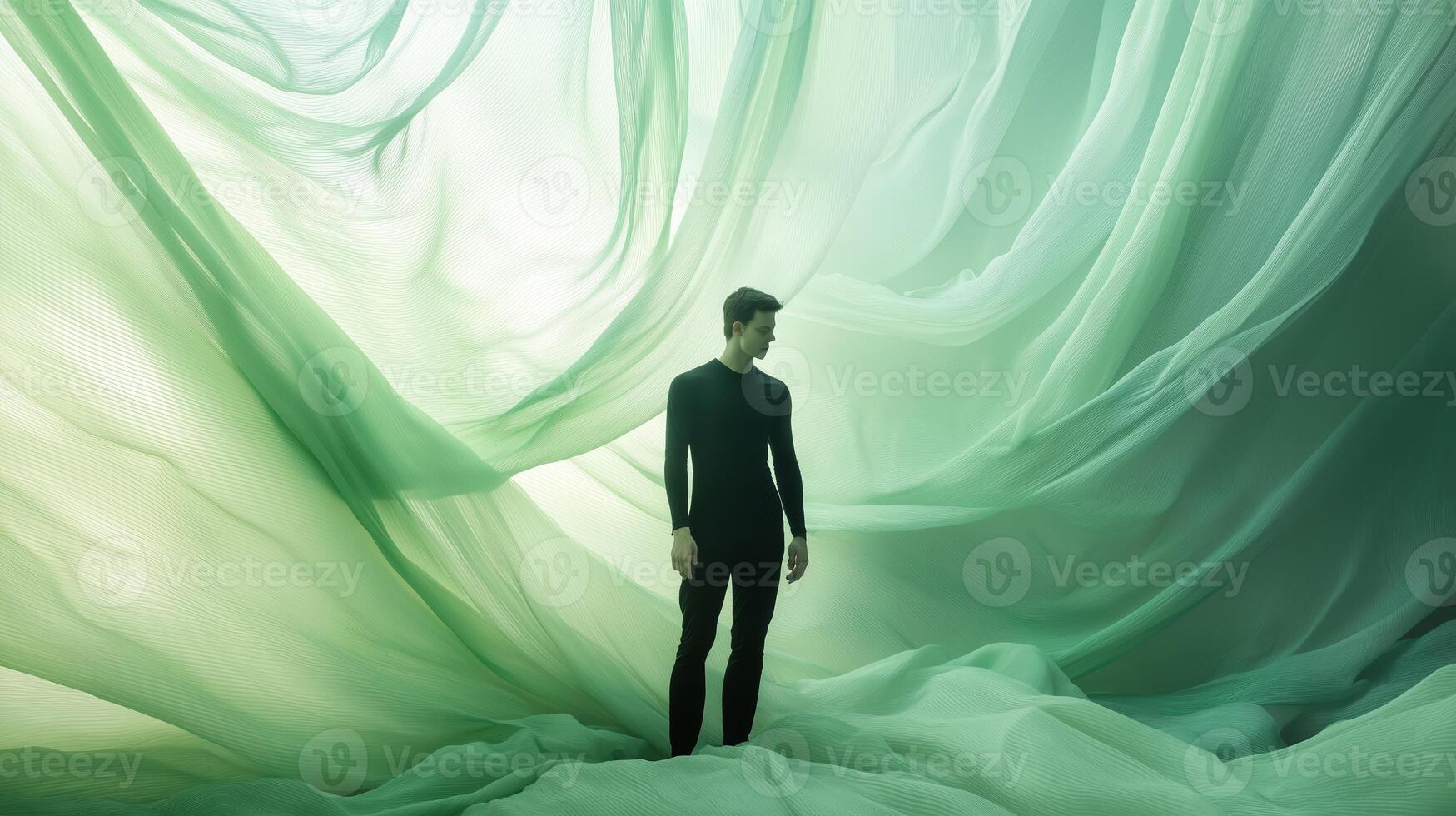 A figure stands amidst flowing green fabric, creating a surreal atmosphere in an artistic expression of movement and emotion photo