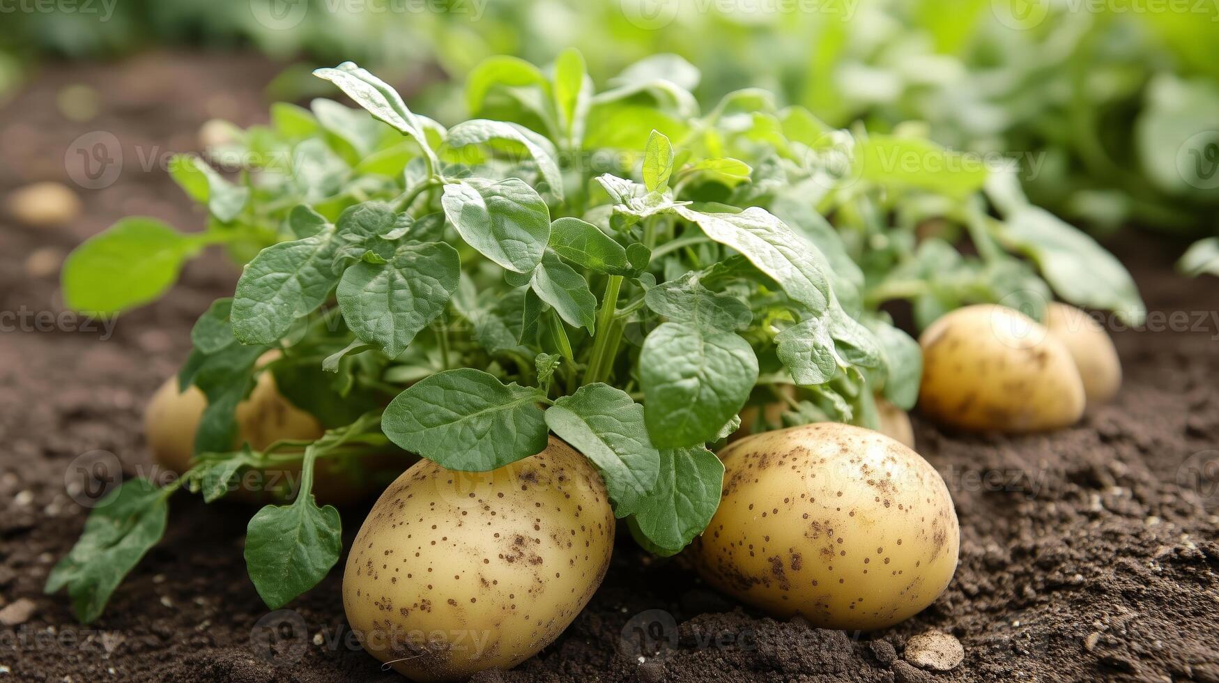 Healthy potato plants growing in rich soil during the summer season in a rural garden photo