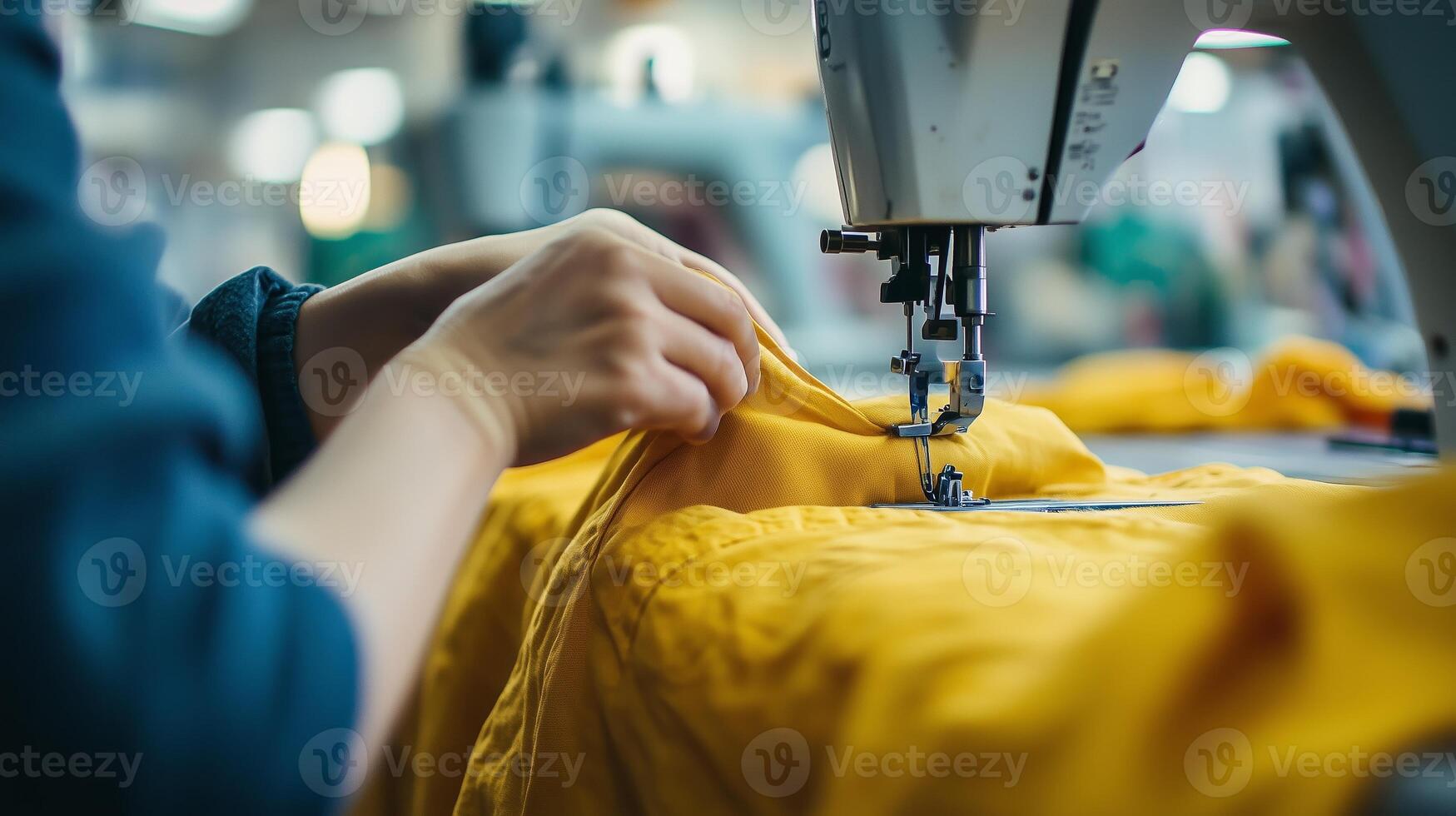 Close-up of a tailor expertly sewing a bright yellow fabric on a sewing machine in a bustling workshop during the day photo
