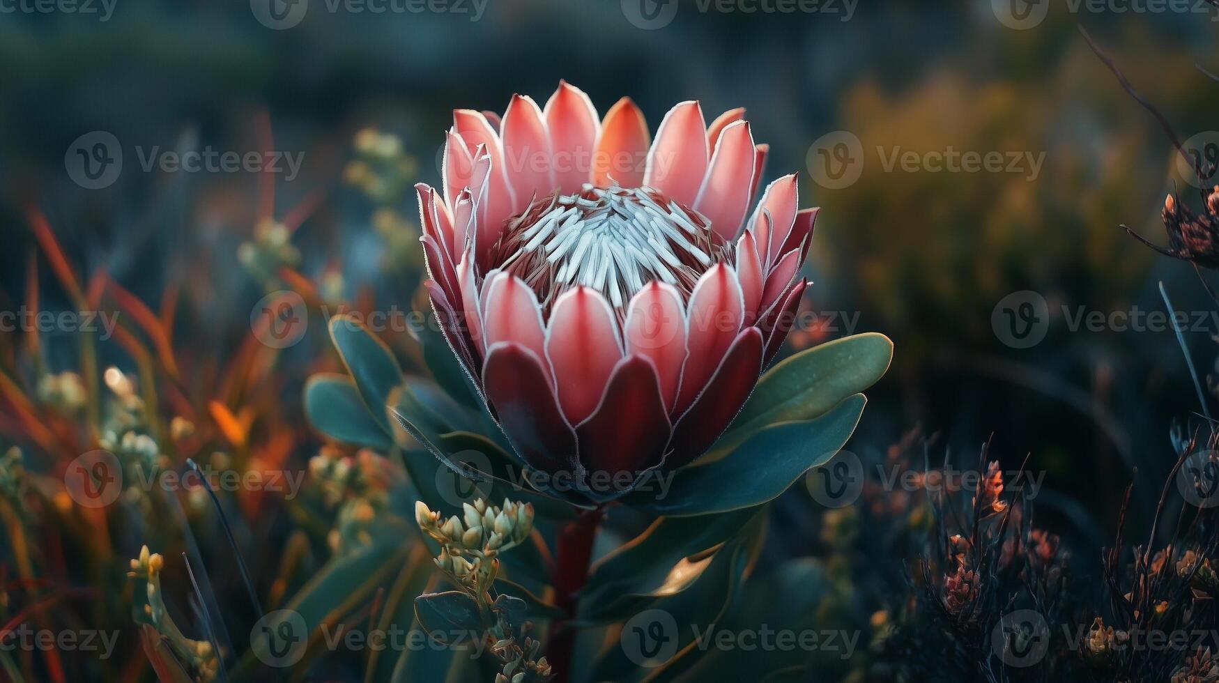 A vibrant protea flower blooms among diverse vegetation in a peaceful natural setting during early morning light photo