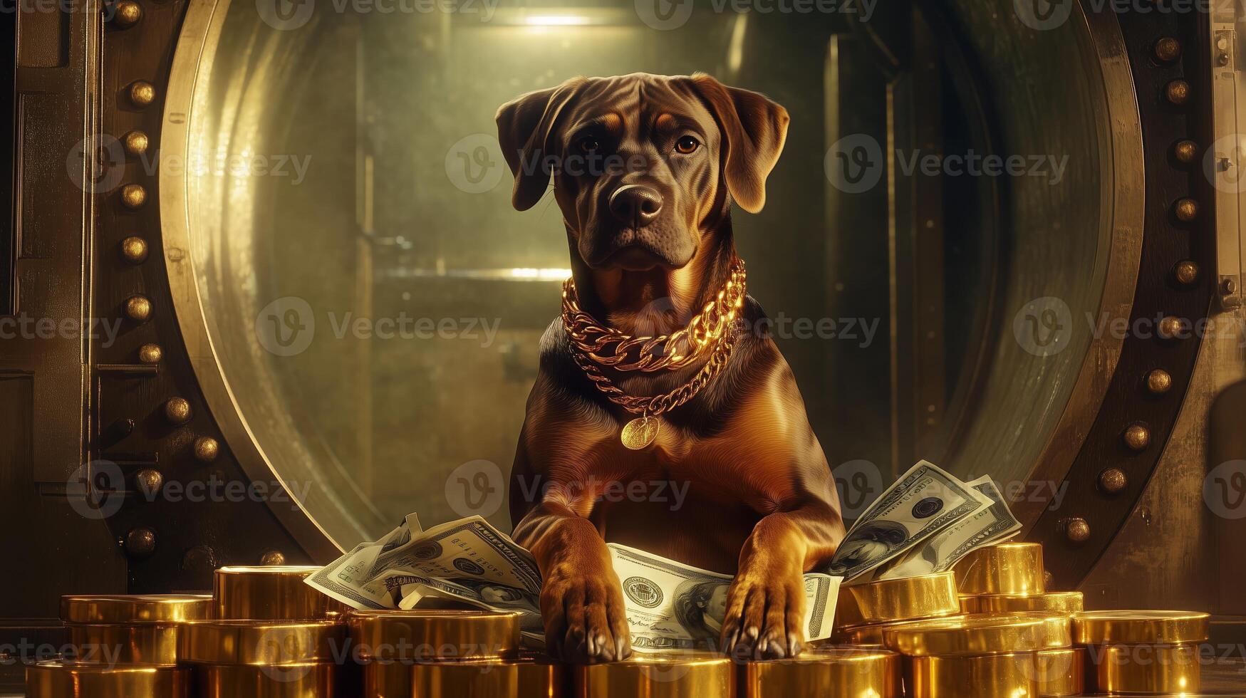 A confident dog in a vault surrounded by gold and cash, creating a whimsical atmosphere of wealth and security photo