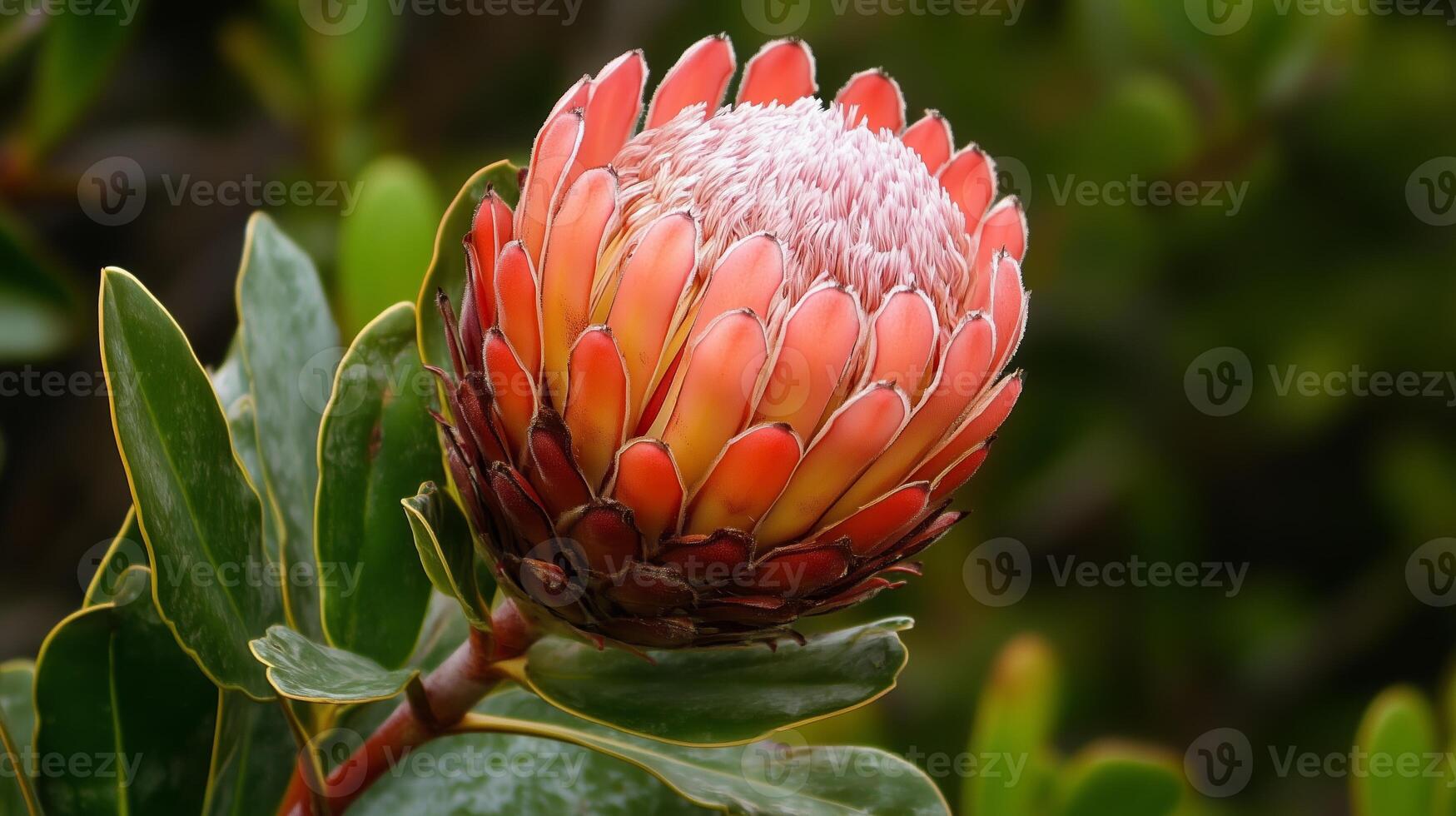 A vibrant protea flower blooming in a lush garden on a sunny day amidst green foliage photo
