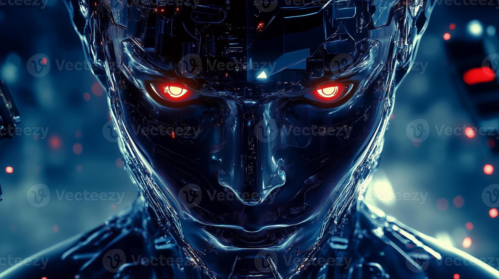 A futuristic cyborg with glowing red eyes in a dark, high-tech environment highlighting artificial intelligence and robotics photo