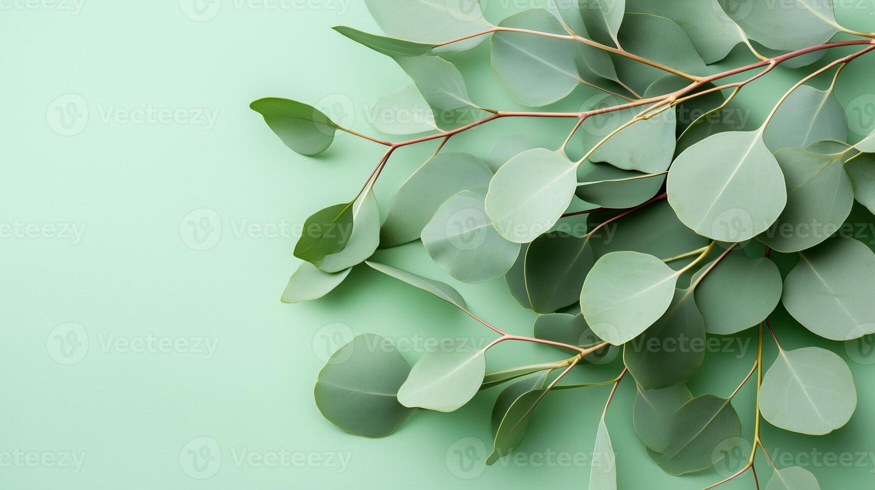 Green eucalyptus leaves arranged on a soft mint background showcasing their natural beauty and vibrant color during daylight photo
