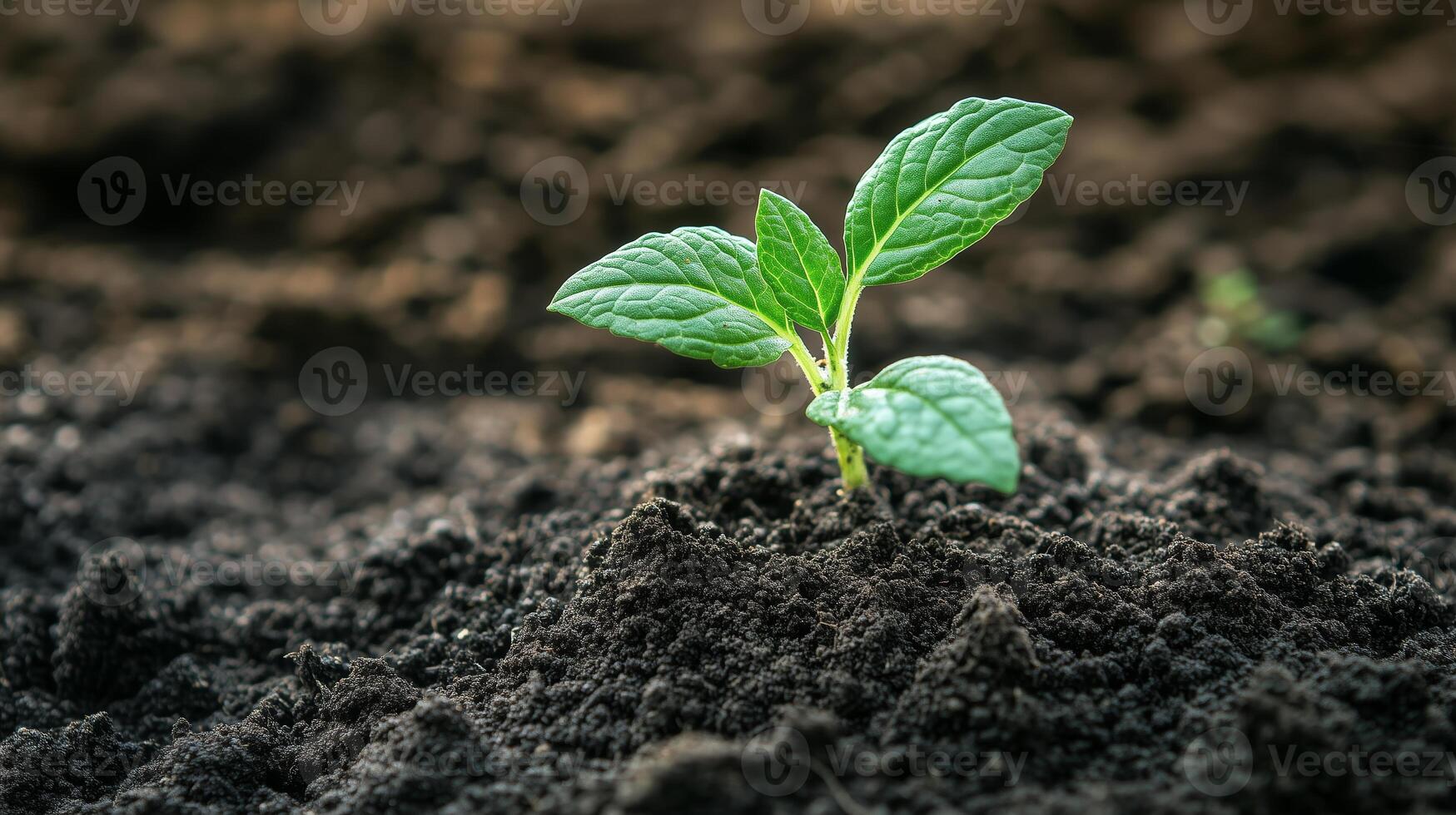 A small green plant emerging from rich soil in a garden, symbolizing growth and renewal during springtime photo