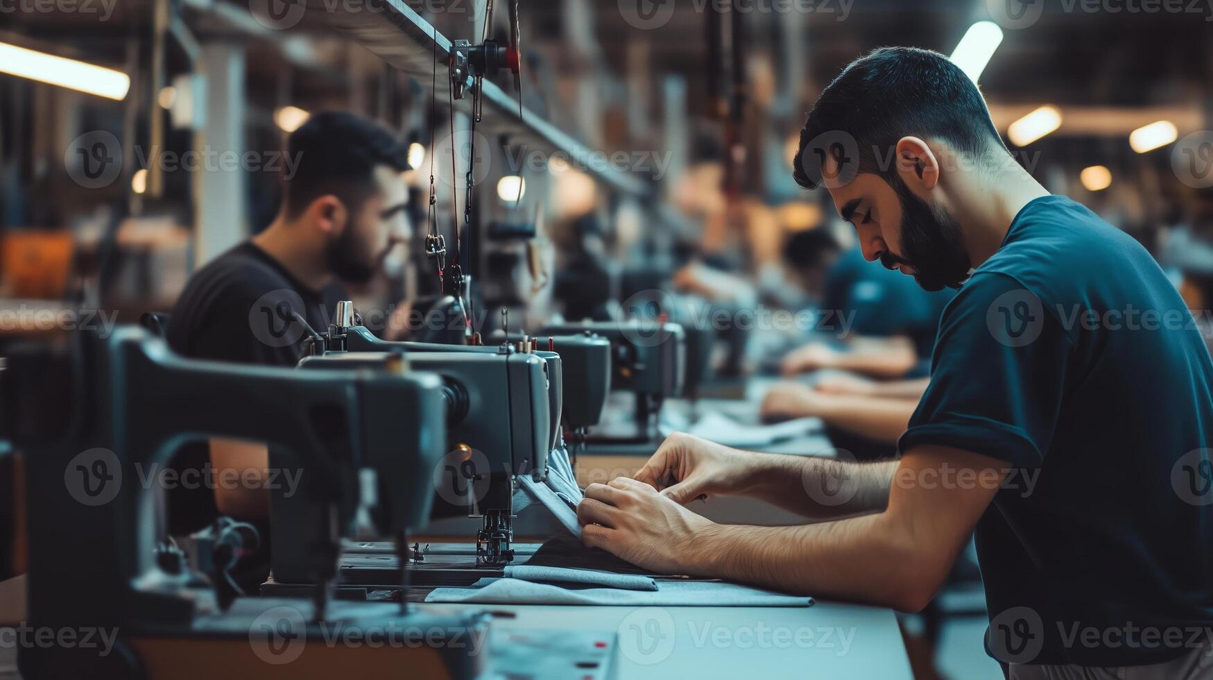 Skilled workers focus on creating garments in a bustling textile factory during evening hours photo