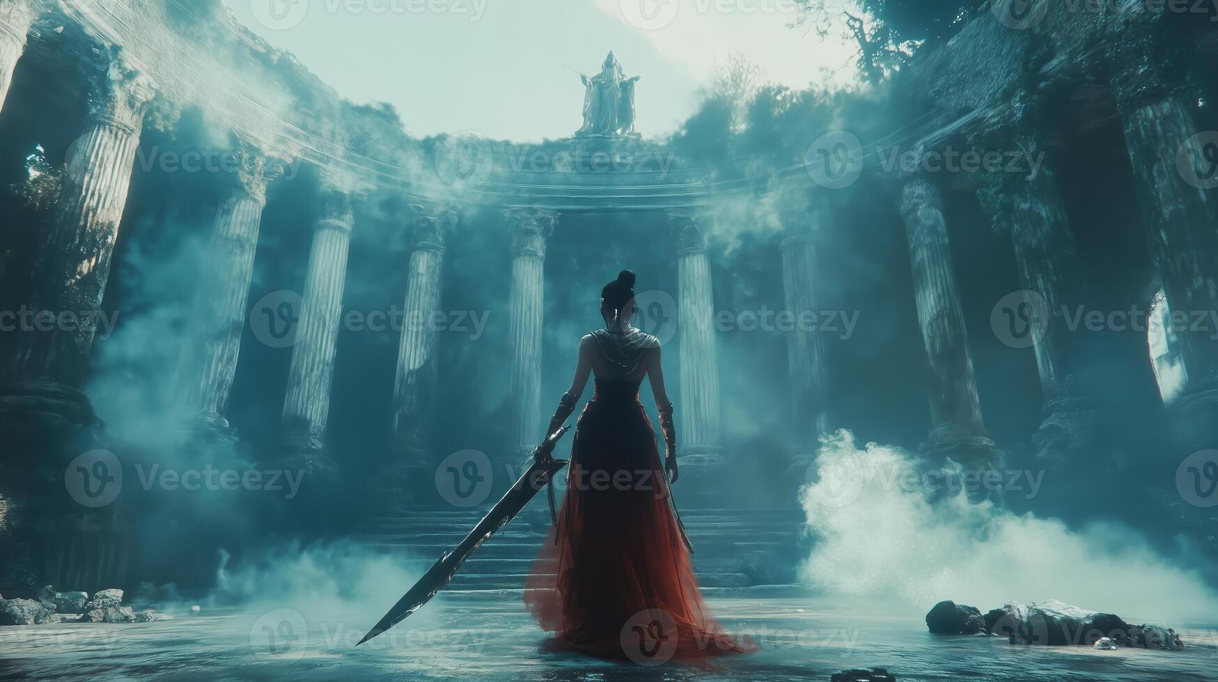 A warrior stands in a misty ancient temple, preparing for battle with a sword in hand just before dusk photo