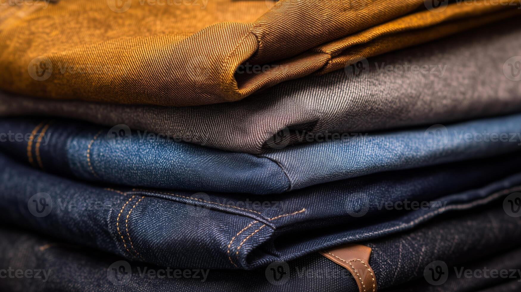 A neatly folded stack of various denim jeans arranged for display in a clothing store during daylight hours photo