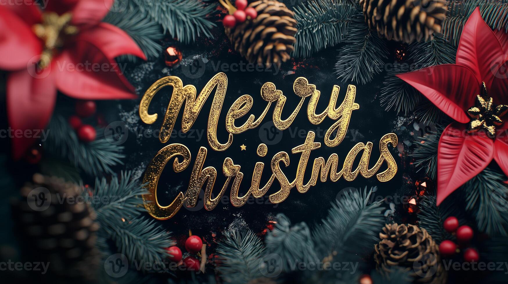 A festive arrangement featuring gold lettering saying Merry Christmas surrounded by red flowers, green pine branches, and pine cones photo