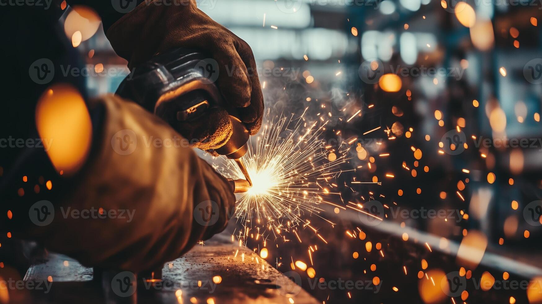 Craftsman welding metal in workshop with sparks flying during afternoon work hours photo