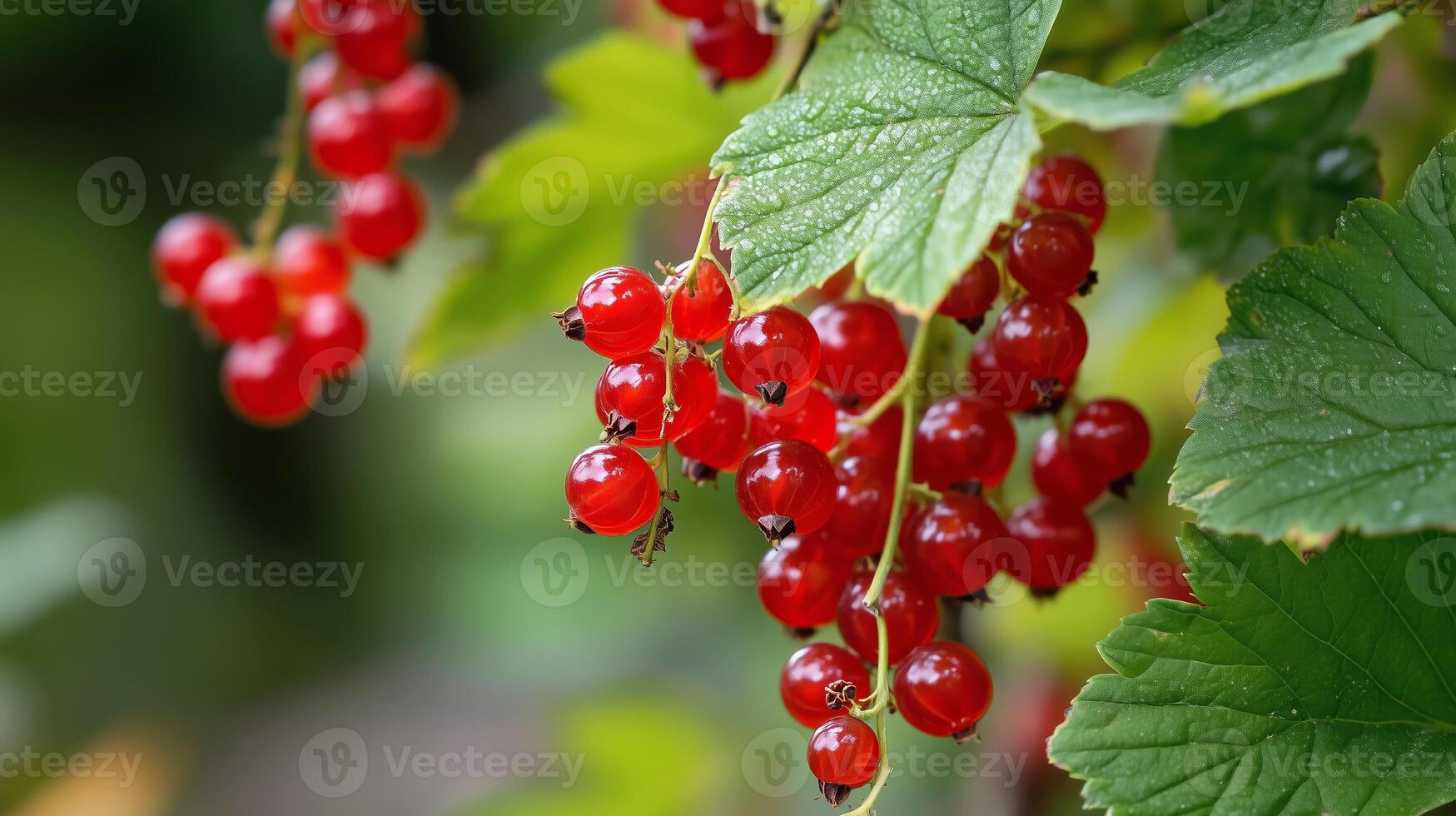 Fresh red currants growing on a bush in a garden during summer, showcasing ripe fruit ready for harvesting and culinary use photo