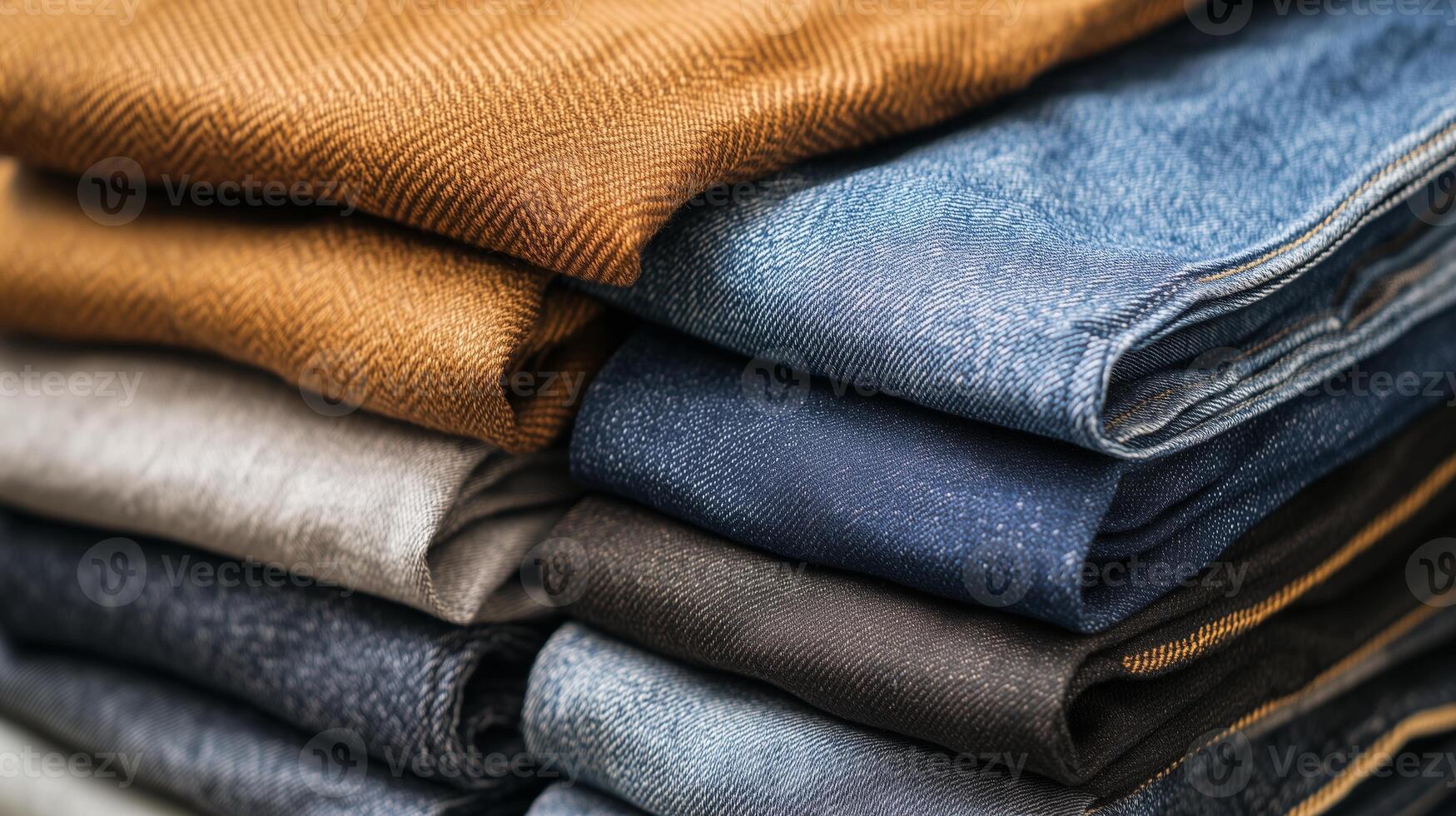 A stack of neatly folded fabrics showcasing various textures and colors displayed on a wooden surface in natural light photo