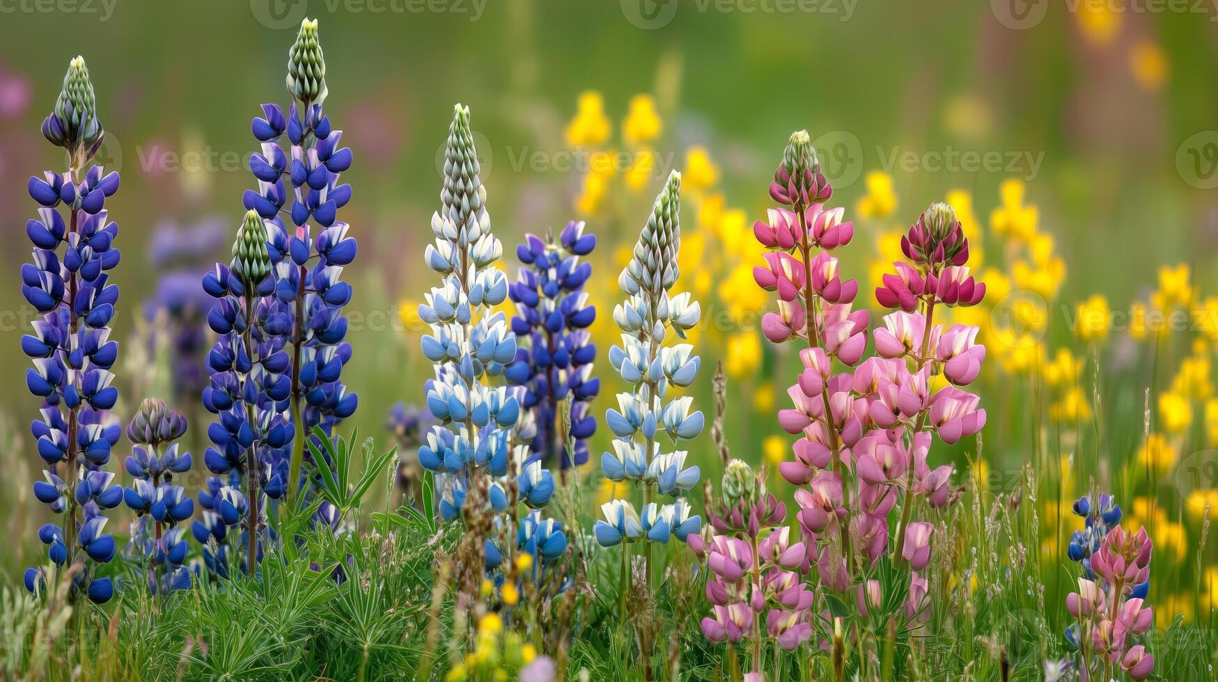 Vibrant lupine flowers blooming in a lush meadow during springtime, showcasing a spectrum of colors among yellow wildflowers photo