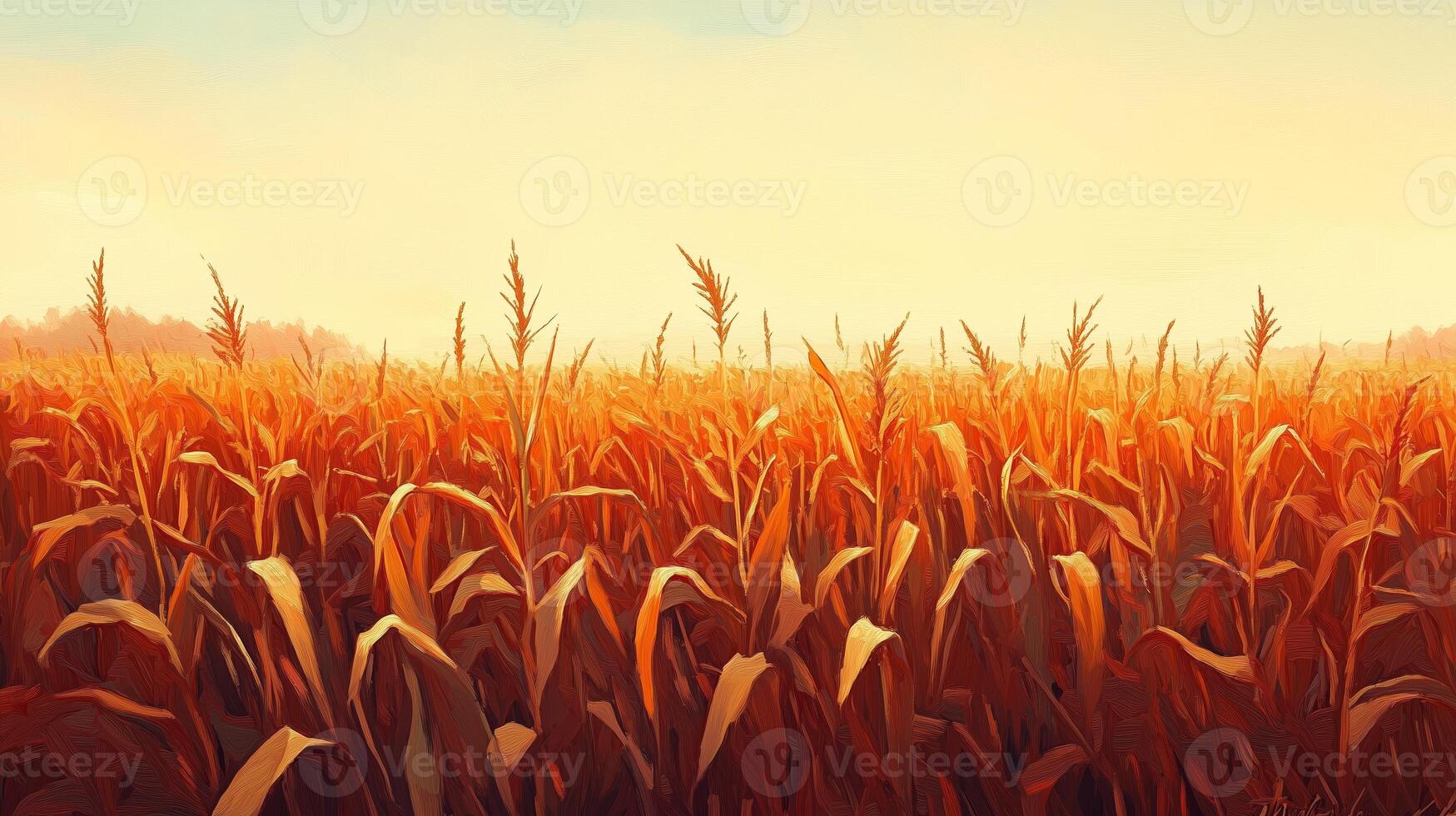 Golden cornfield at sunset showcasing rows of tall stalks illuminated by warm evening light in a rural landscape photo